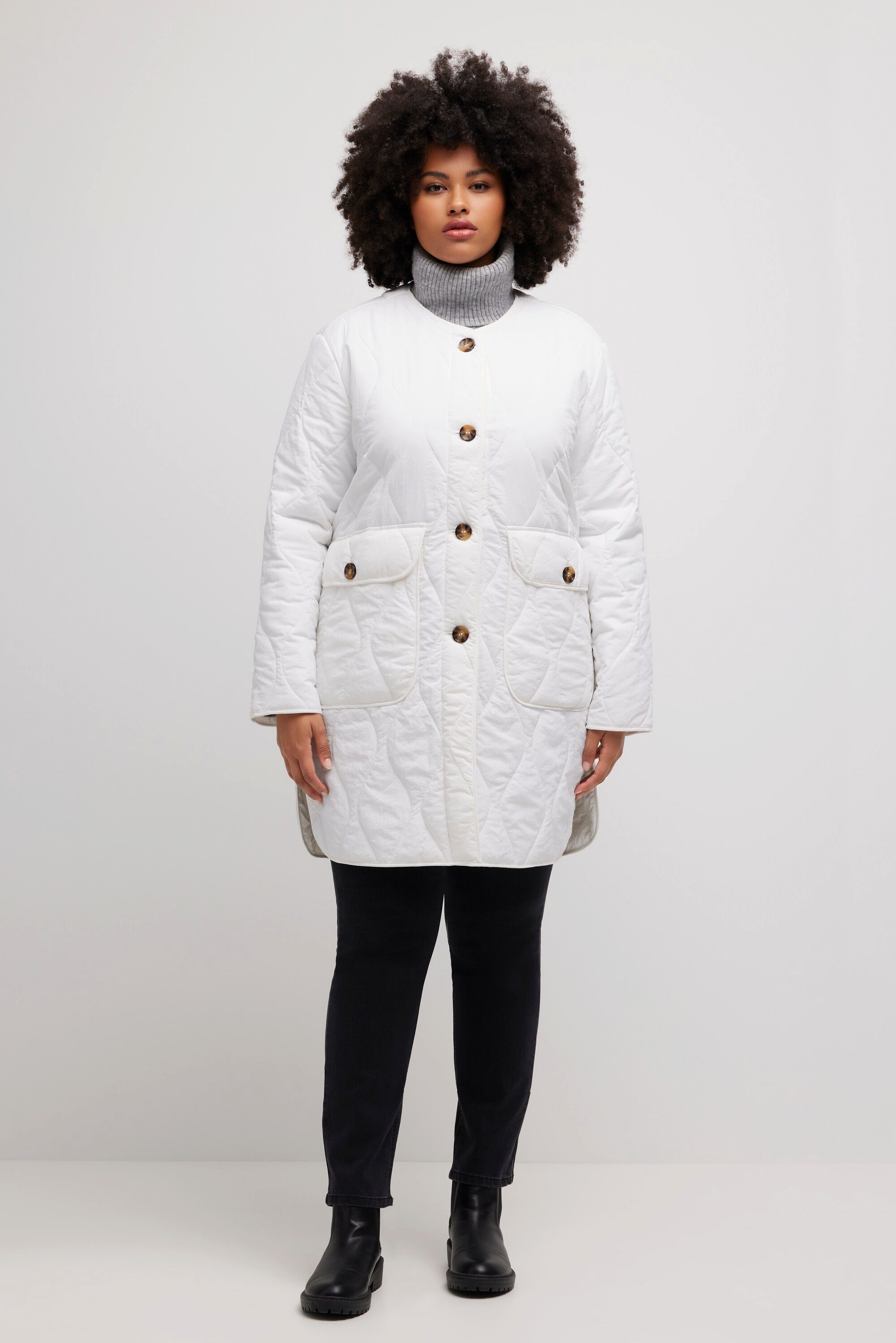 Ulla Popken Steppjacke Steppjacke warm wattiert V-Ausschnitt Wellenstepp