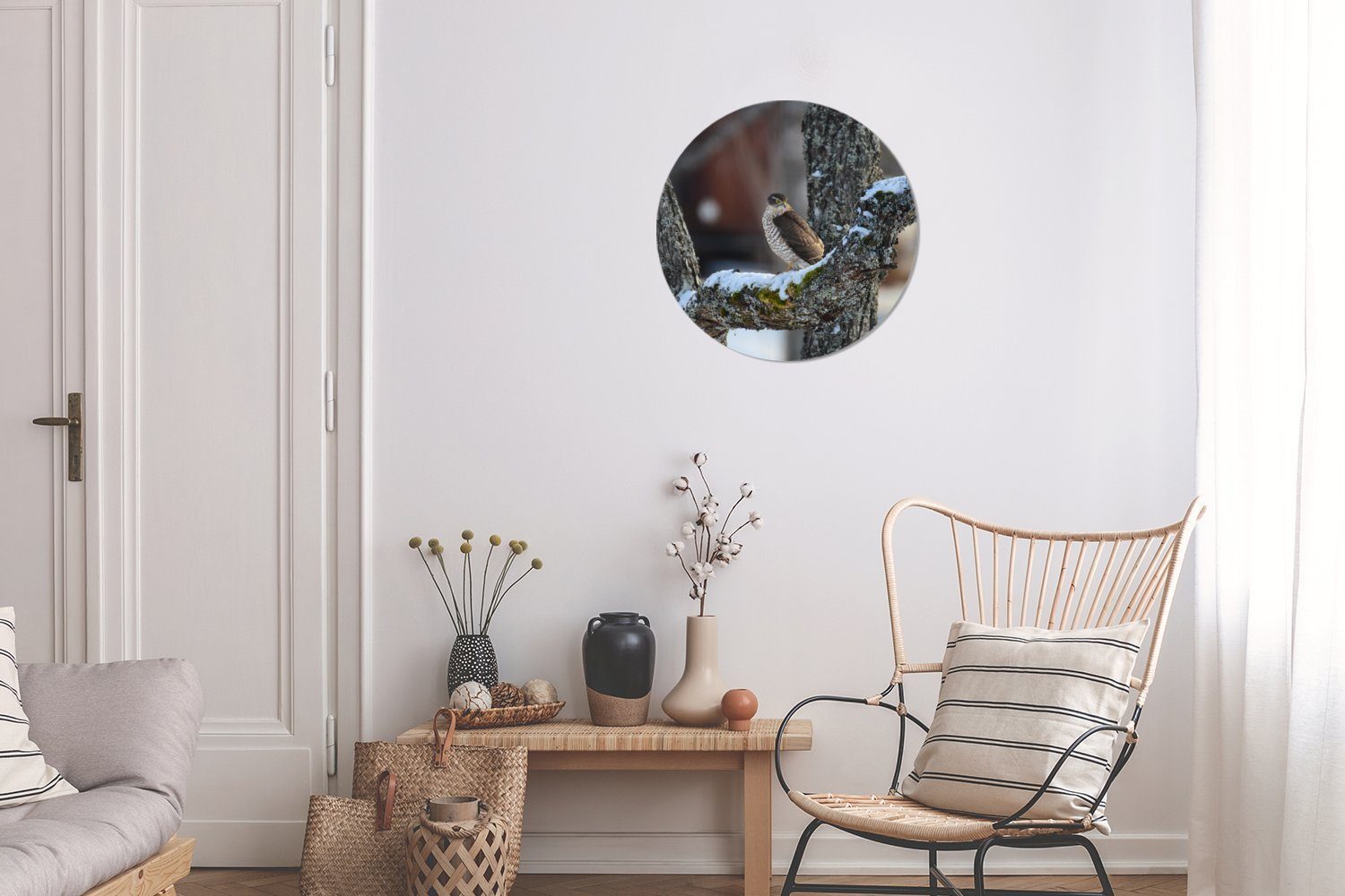 einem Ein Rundes cm Wanddekoration Baumast, (1 MuchoWow Kreis auf Forex, Falke St), Wandbild, Wohnzimmer, 30x30 Gemälde