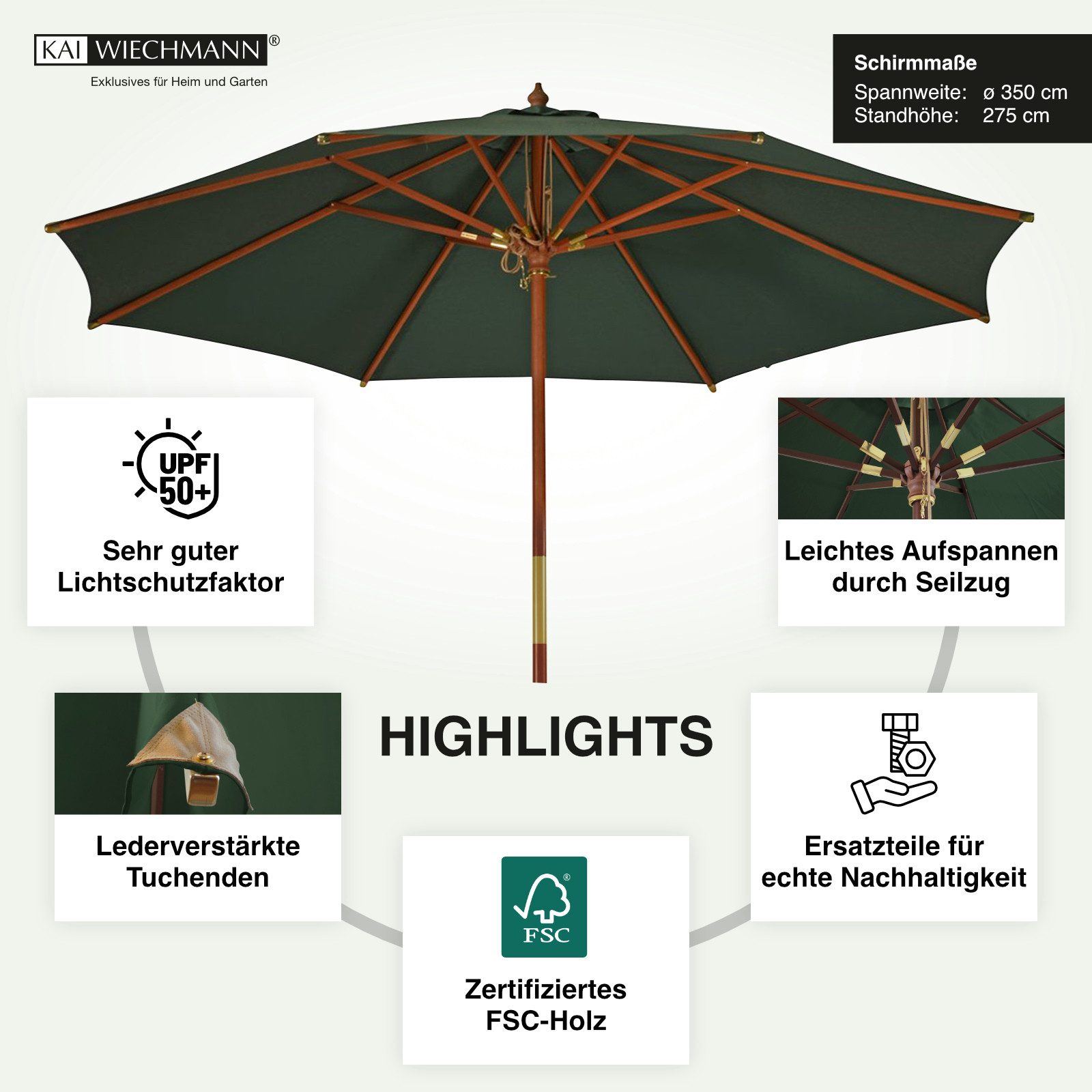 Kai Wiechmann Sonnenschirm Runder Balkonschirm 350 cm als hochwertiger Schattenspender, Gartenschirm aus Holz mit Windauslass & UPF 50+