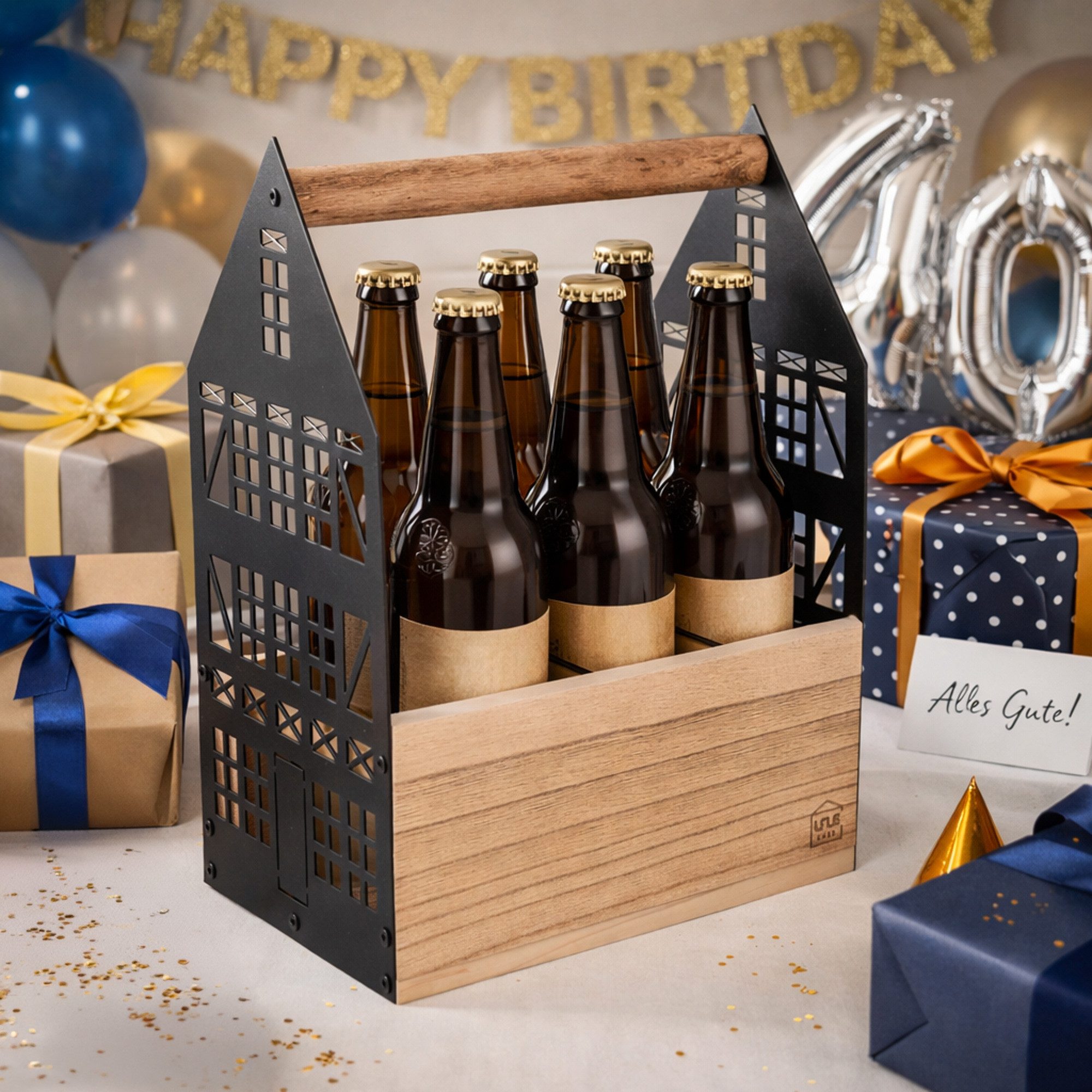 UNUS HOME Flaschenhalter Bierflaschenhalter Bierhalter Brauhaus für 6 Flaschen, (Brauhaus, Fachwerkoptik), Getränkehalter - Geschenkidee für Männer