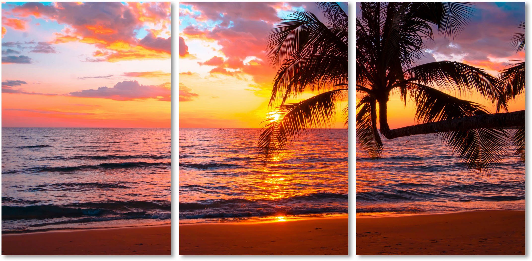 queence Acrylglasbild Paradise Beach 3-teilig, Kunst, Meer, Meer Bilder, Palmen, Sonnenaufgang & -untergang, Spa, Spa Bilder, Strand (1 St), Fine Art-Print in Galeriequalität