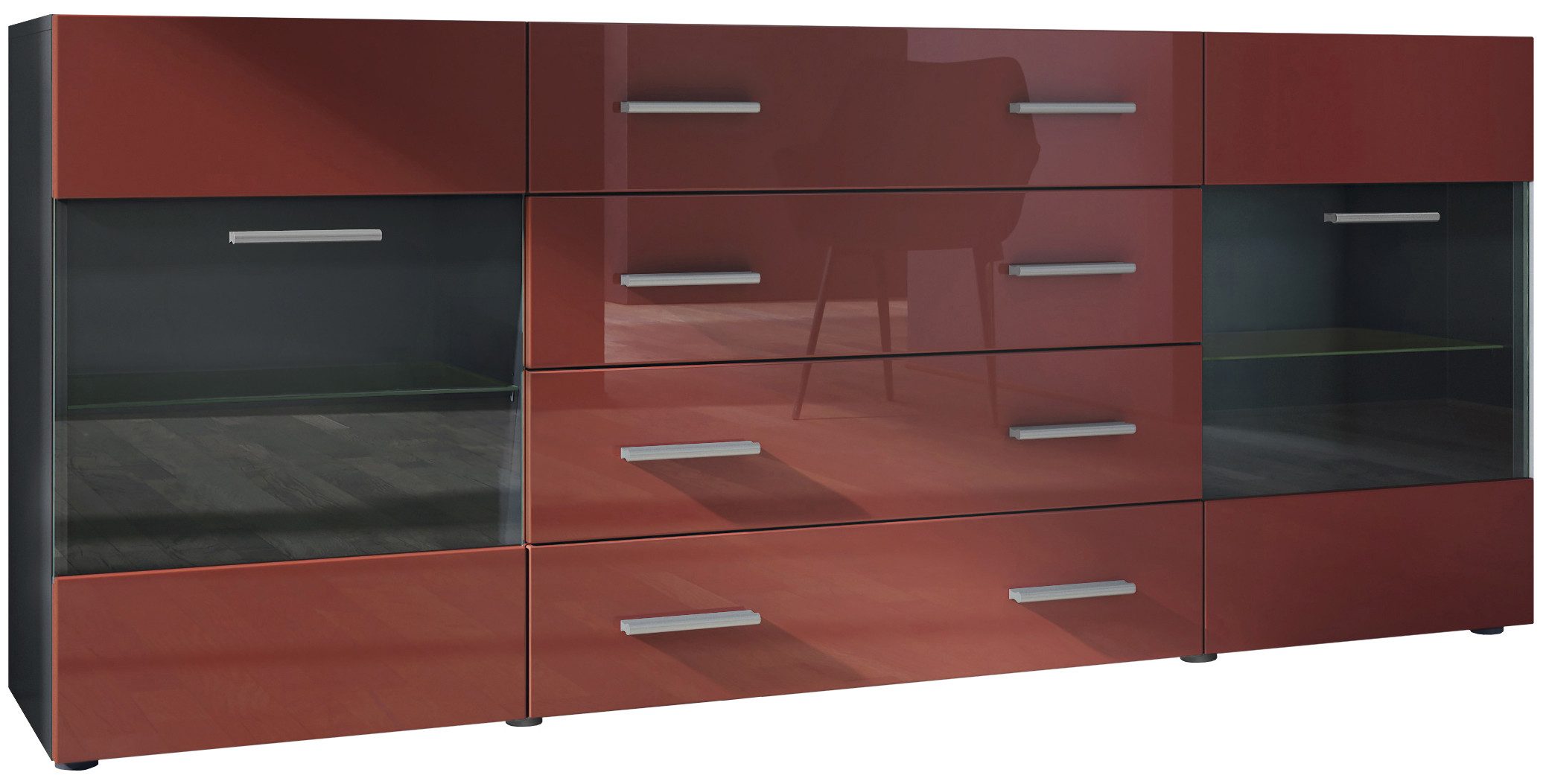 Vladon Sideboard Carlos V2 (Kommode mit 2 Türen, 4 Schubladen und 2 flexible Glaseinlegeböden), Schwarz matt/Bordeaux Hochglanz (166 x 72 x 35)