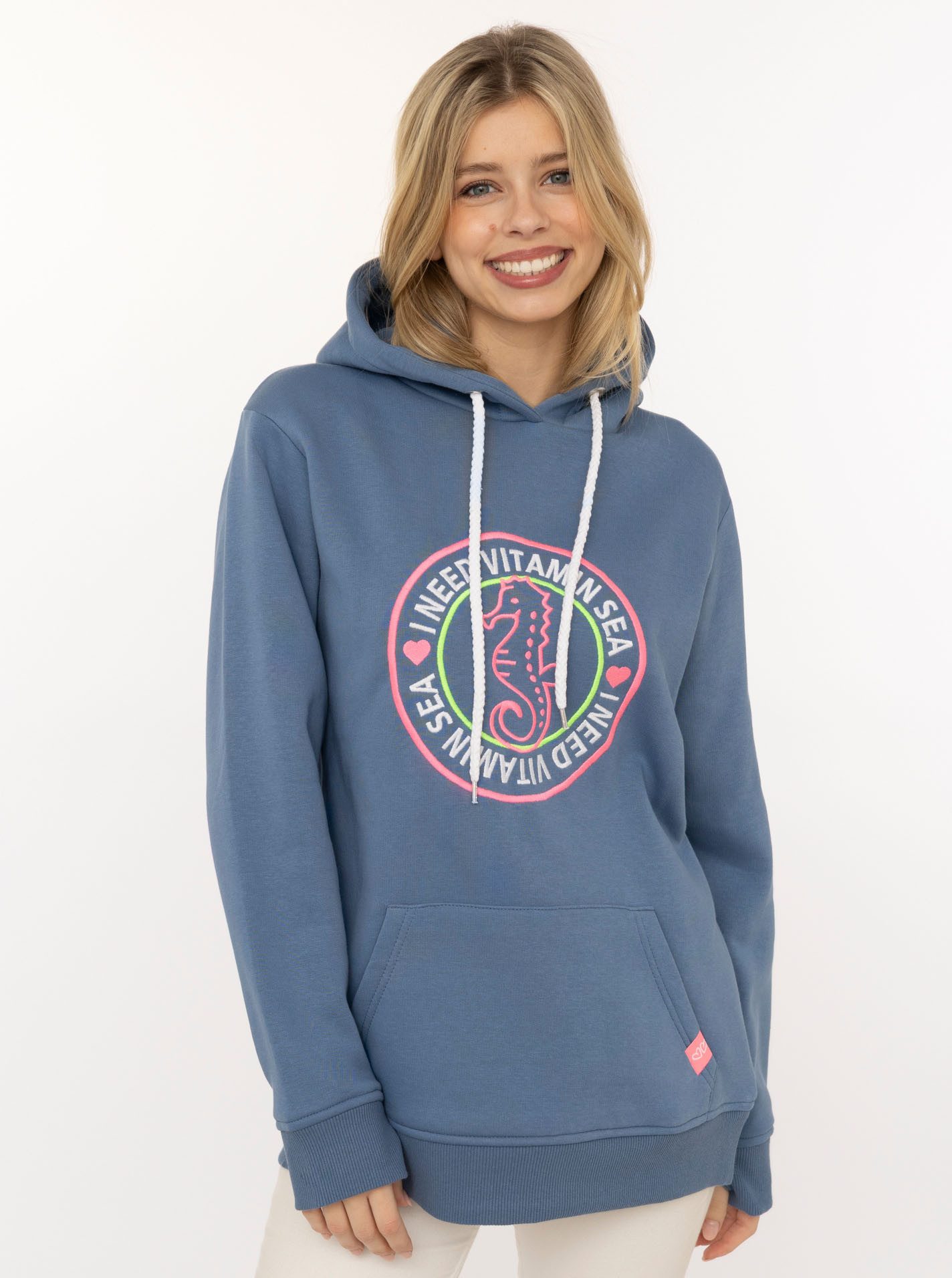 Zwillingsherz Hoodie "Seepferdchen" runde Stickerei, maritimer Look, Kapuze, Tasche