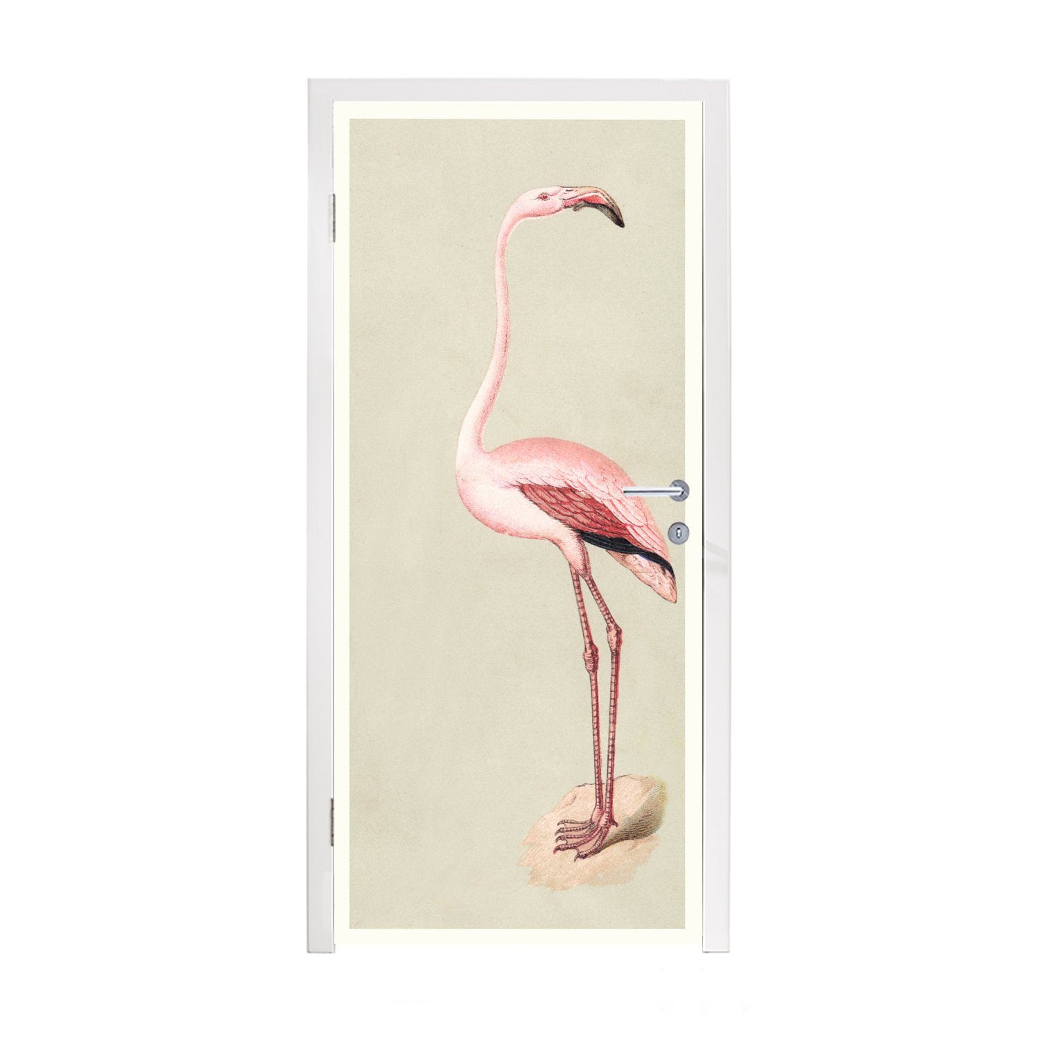 MuchoWow Türtapete Antiker Vogel-Druck Flamingo, Matt, bedruckt, (1 St), Fototapete für Tür, Türaufkleber, 75x205 cm | Türtapeten