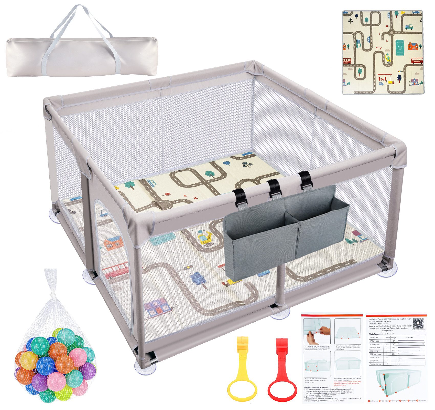ElitVita Laufgitter Laufstall Baby mit matratze, 600D Oxford Stoff,mit Aufbewahrungstasche, Laufstall 120x120cm mit Ozeanbälle,Tragetasche,Atmungsaktivem Net