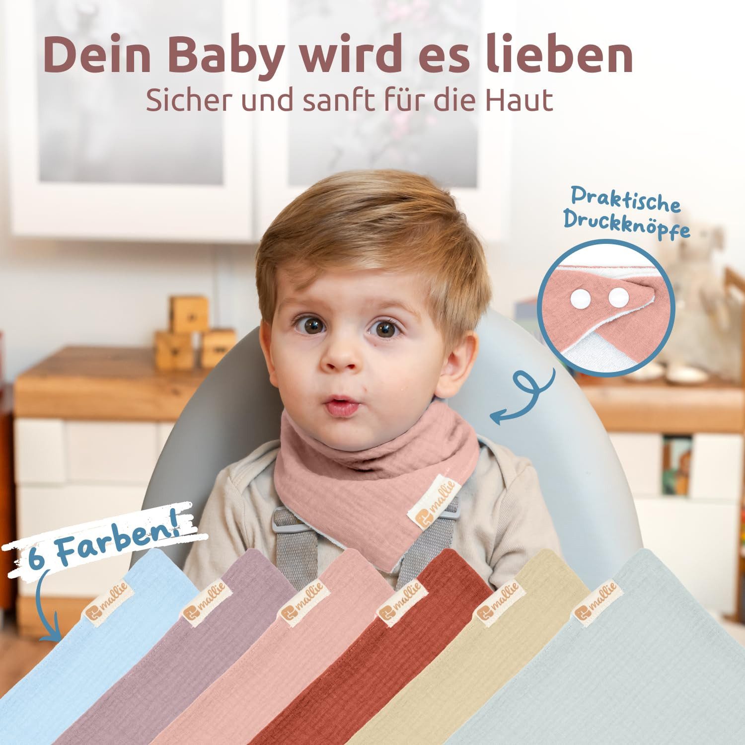 Mallie Lätzchen Musselin Lätzchen Baby im 6er oder 8er Set, (Als Bibs, Dreieckstuch Baby, Baby Lätzchen -, 6-St., Musselin Halstuch Baby, Musselintücher Baby und Babylätzchen), Sabberlätzchen Baby Halstücher Baby