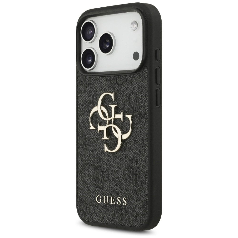 Guess Handyhülle Case iPhone 17 Pro Kunstleder grau Big Logo goldfarbig Kette 6,3 Zoll, Kantenschutz