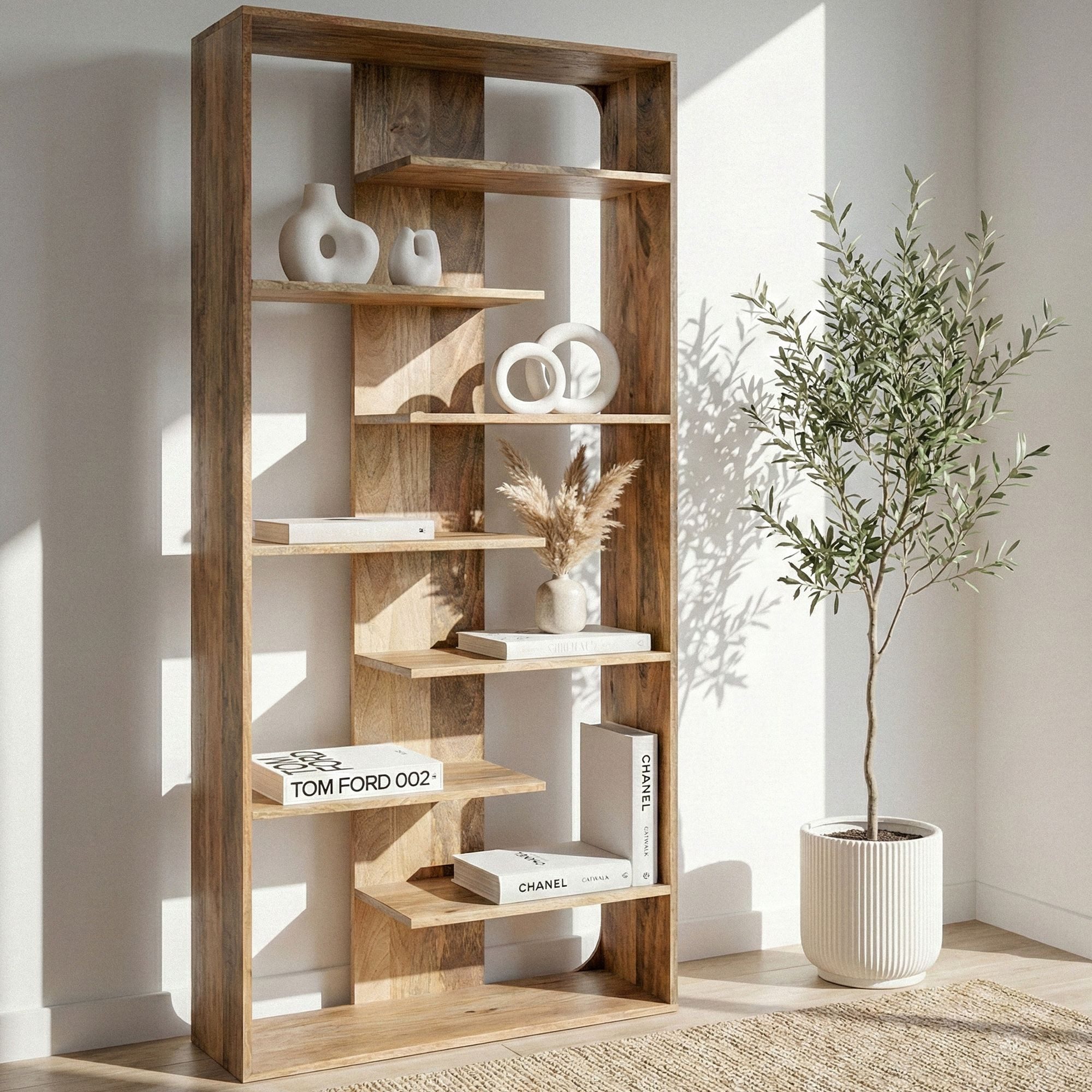 FINEBUY Bücherregal FB115162 Standregal 200cm Massivholz Stauraumregal Wohnregal Dekoregal, Klare Linien mit architektonischem Charakter, Natürliche Holzmaserung als Blickfang