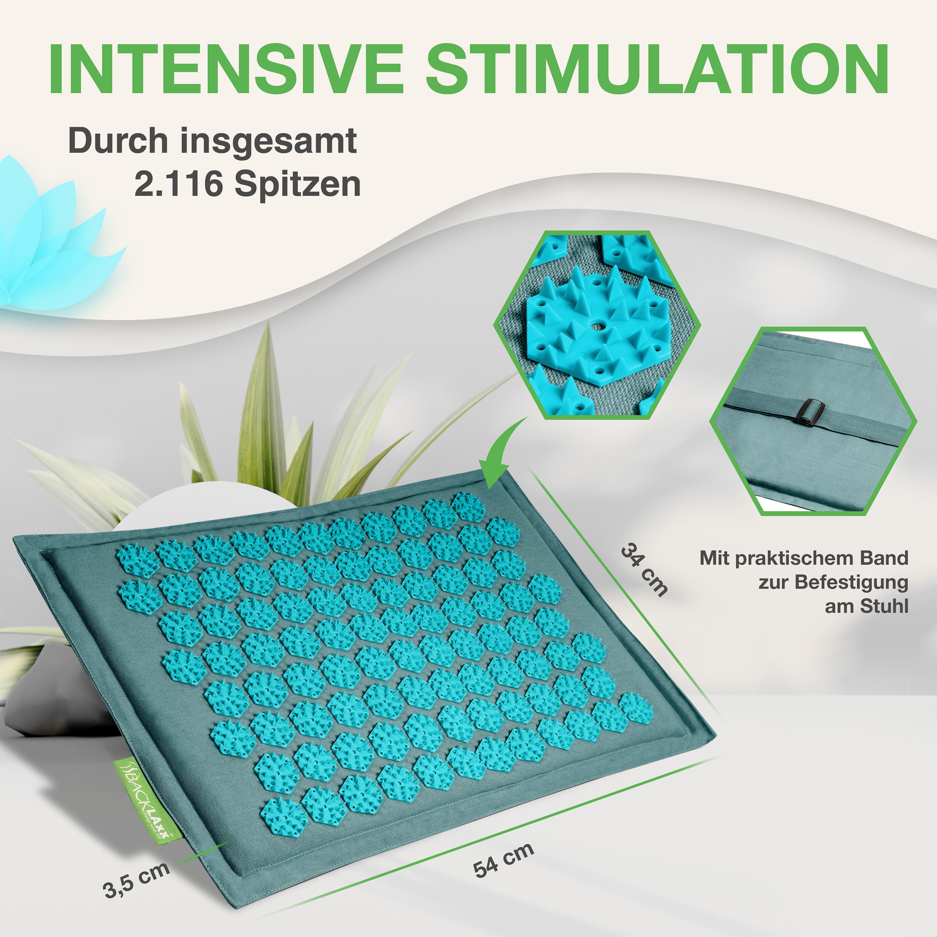 BACKLAxx® Akupressurmatte für Füße - Gefüllt mit 100% Kokosfaser - (Massage Matte für Fußmassage), Akupressur Fußmatte 54 x 34 x 2 cm, Insgesamt 2.116 Spitzen