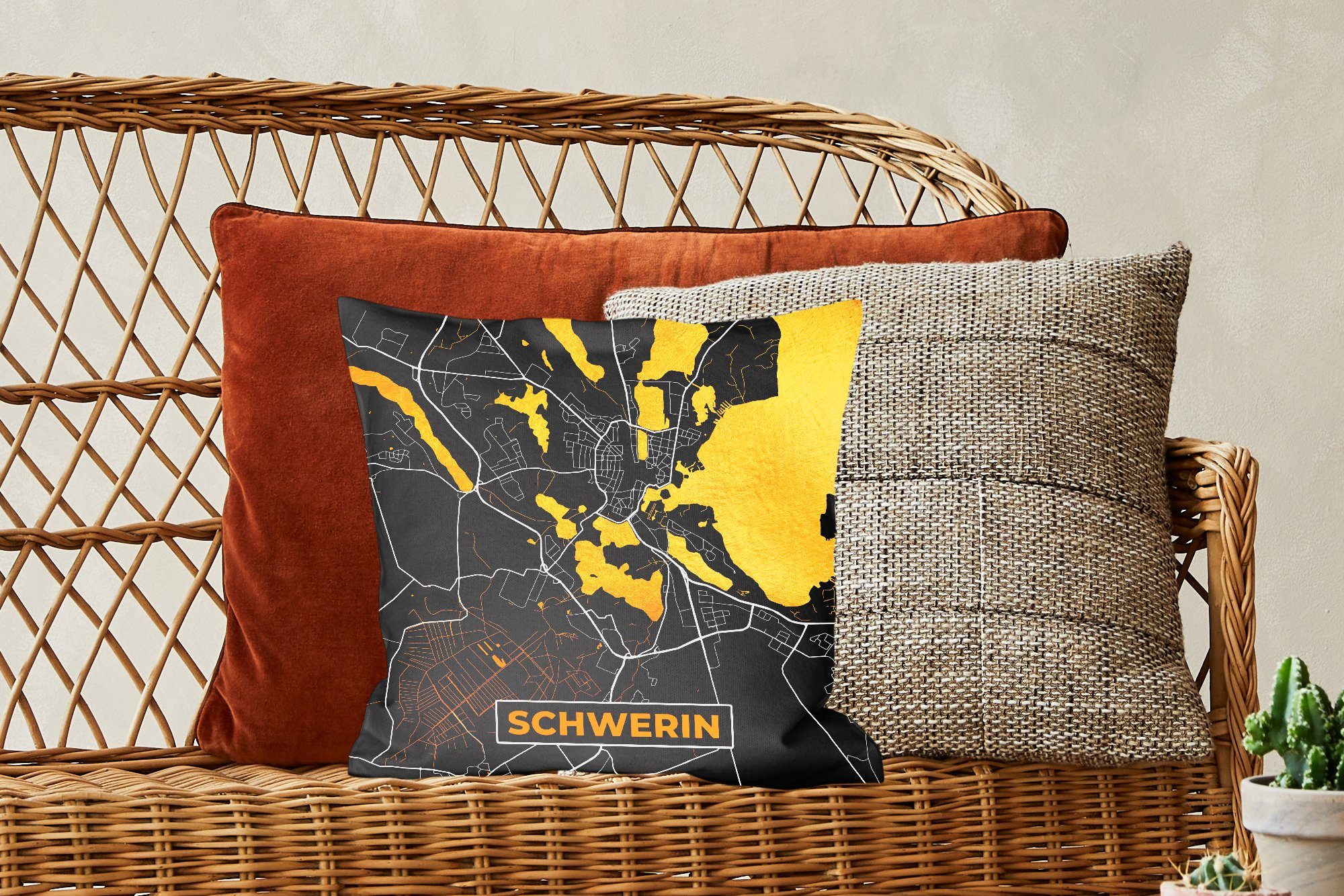 Zierkissen Dekokissen Schwerin Gold Wohzimmer, Stadtplan - für Schlafzimmer, - Karte MuchoWow Füllung Deko, - Deutschland, mit - Sofakissen
