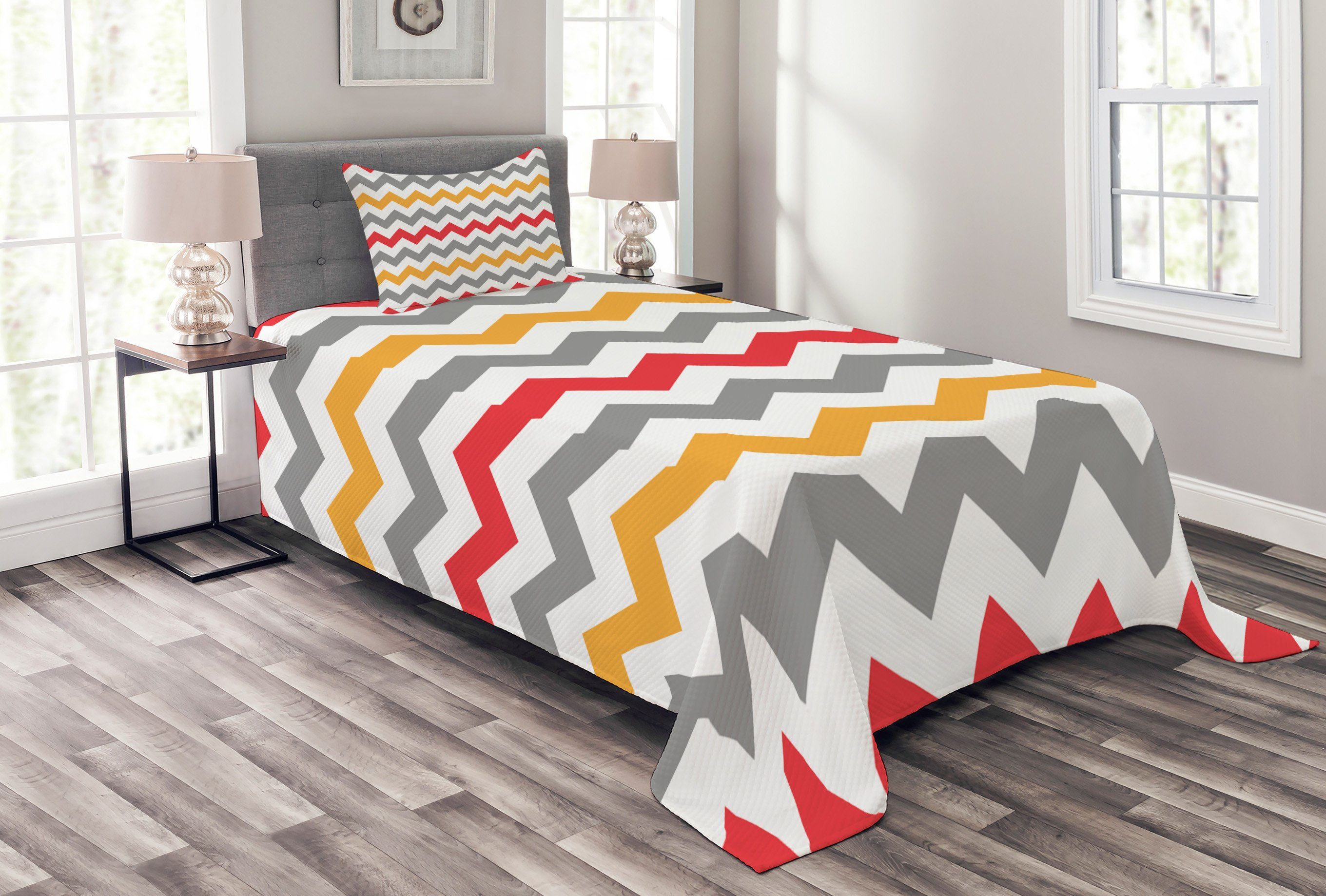 Abakuhaus, Bunt Set Retro Tagesdecke Abstrakte Kissenbezügen mit Chevron Waschbar,