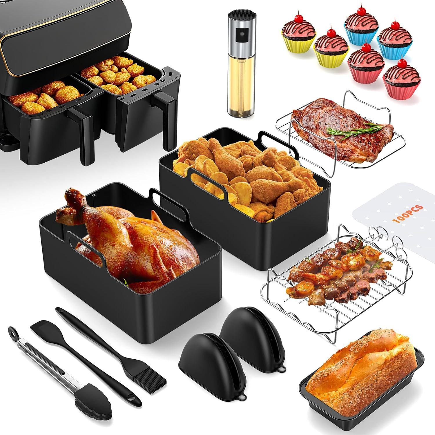 Vernatti Backform 18-tlg. Heißluftfritteusen-Zubehör Set für 7,6–9,5 l Airfryer, (8-teiliges Zubehörset für Heißluftfritteusen zum Backen und Grillen 18-tlg), 18-teilig, hitzebeständig, stapelbar, vielseitig einsetzbar