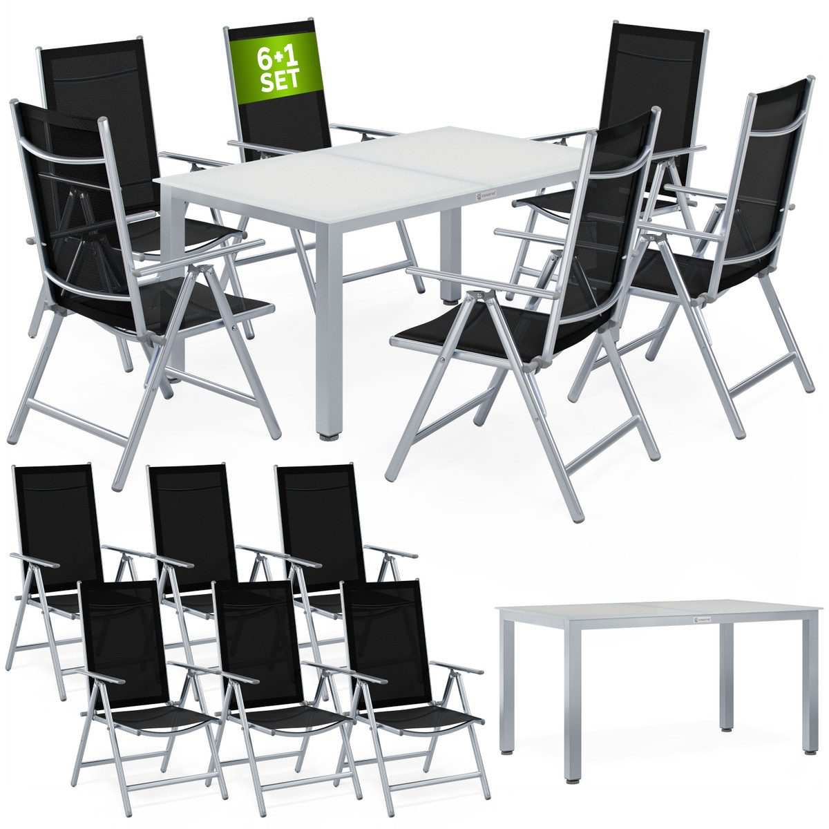 Casaria Garten-Essgruppe Bern, (7-tlg), Aluminium 5mm Sicherheitsglas Stühle Klappbar Verstellbar Wetterfest