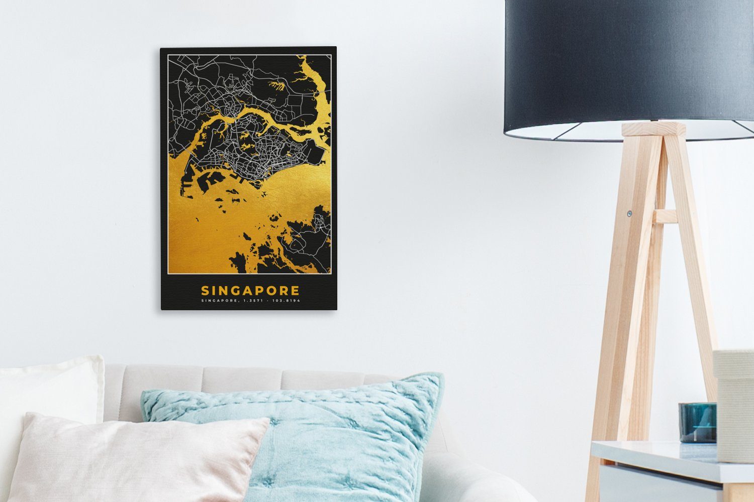 OneMillionCanvasses® Leinwandbild (1 - inkl. Stadtplan Leinwandbild St), Singapur 20x30 cm fertig Karte, bespannt - Gemälde, - Gold Zackenaufhänger