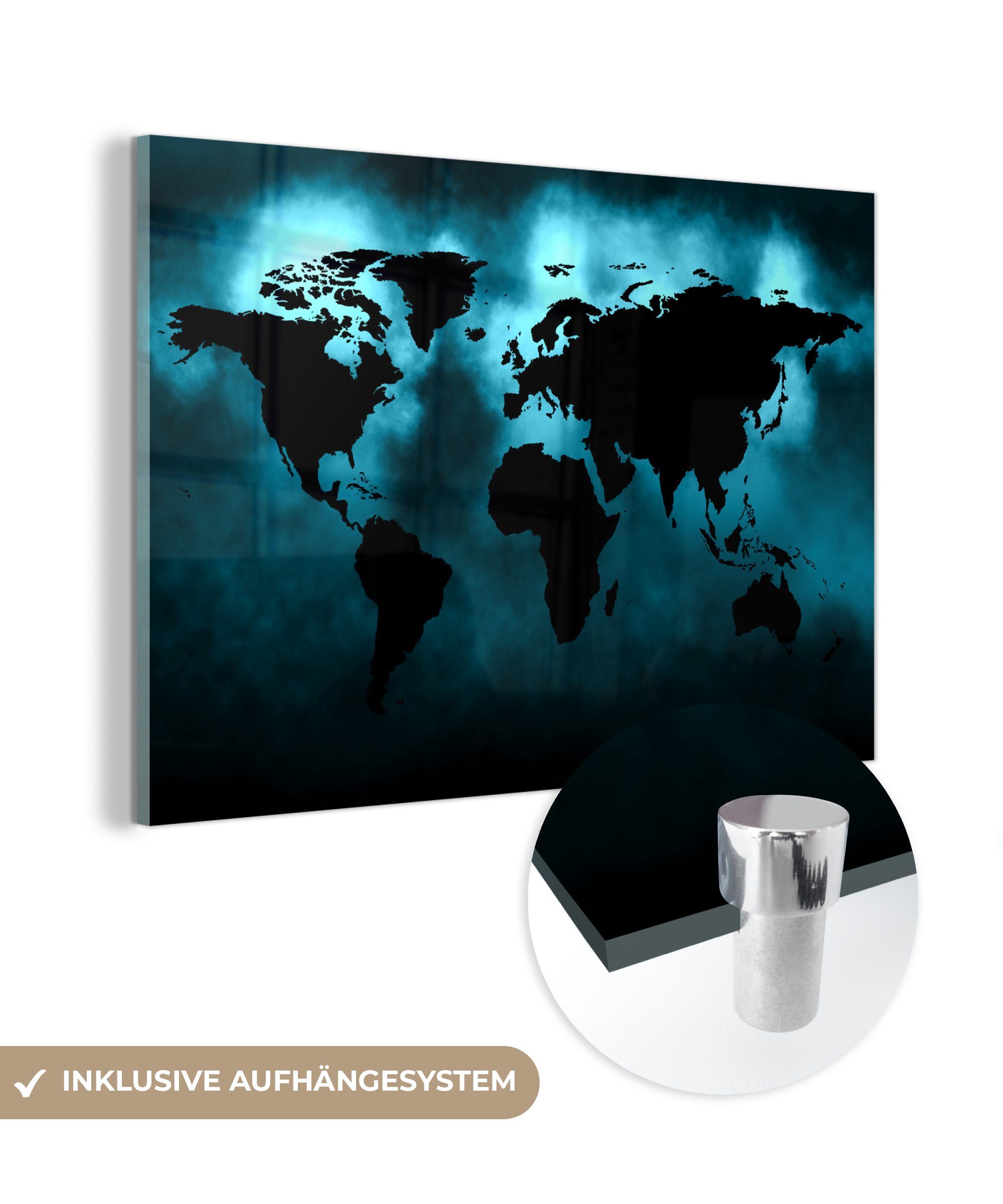 St), Acrylglasbild Glas MuchoWow - auf - Glas Weltkarte Wanddekoration Glasbilder auf Blau, Wandbild Foto - (1 - - Schwarz Bilder