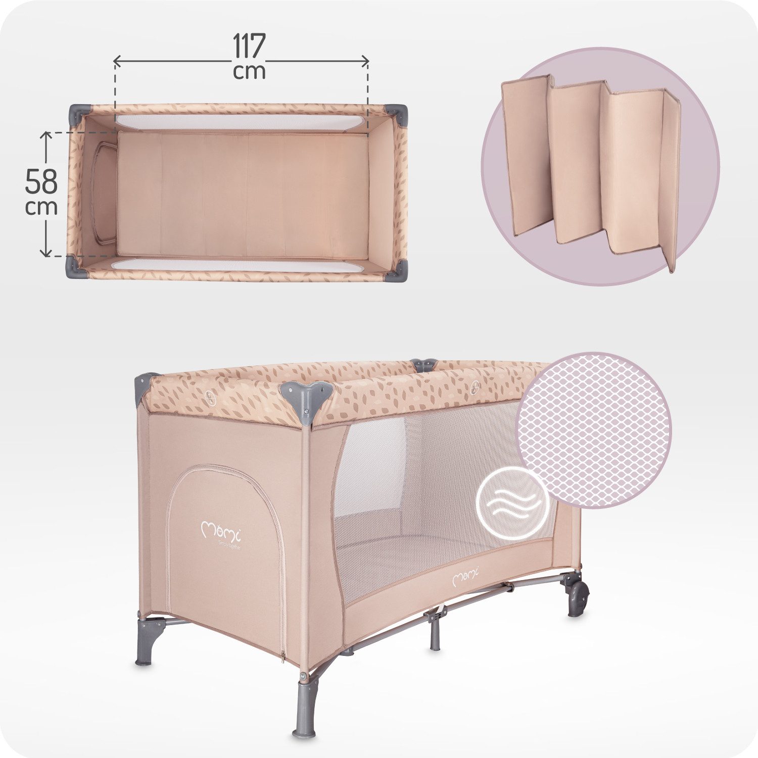 MoMi Baby-Reisebett Belove, 3-in-1 Reisebett mit Matratze & Rollen, faltbar