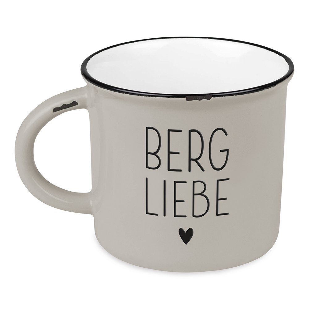 Keramik Tasse Emaille-Look Grafik Bergglück Bergliebe, Vintage-Tasse Werkstatt im