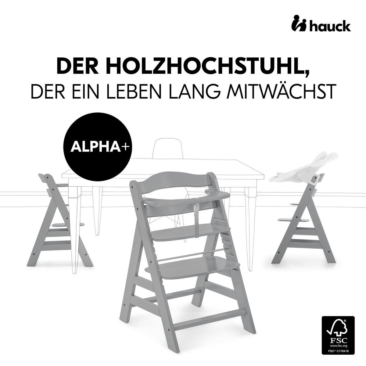 Hauck Hochstuhl Alpha Plus Grey, Mitwachsender Holz Kinderhochstuhl verstellbar mit Sitzauflage & Gurt