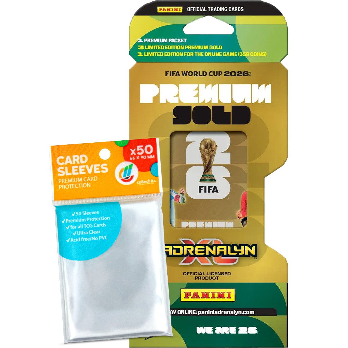 Panini Sammelkarte FIFA World Cup Adrenalyn XL 2026 - 1 Premium GOLD Booster + Hüllen