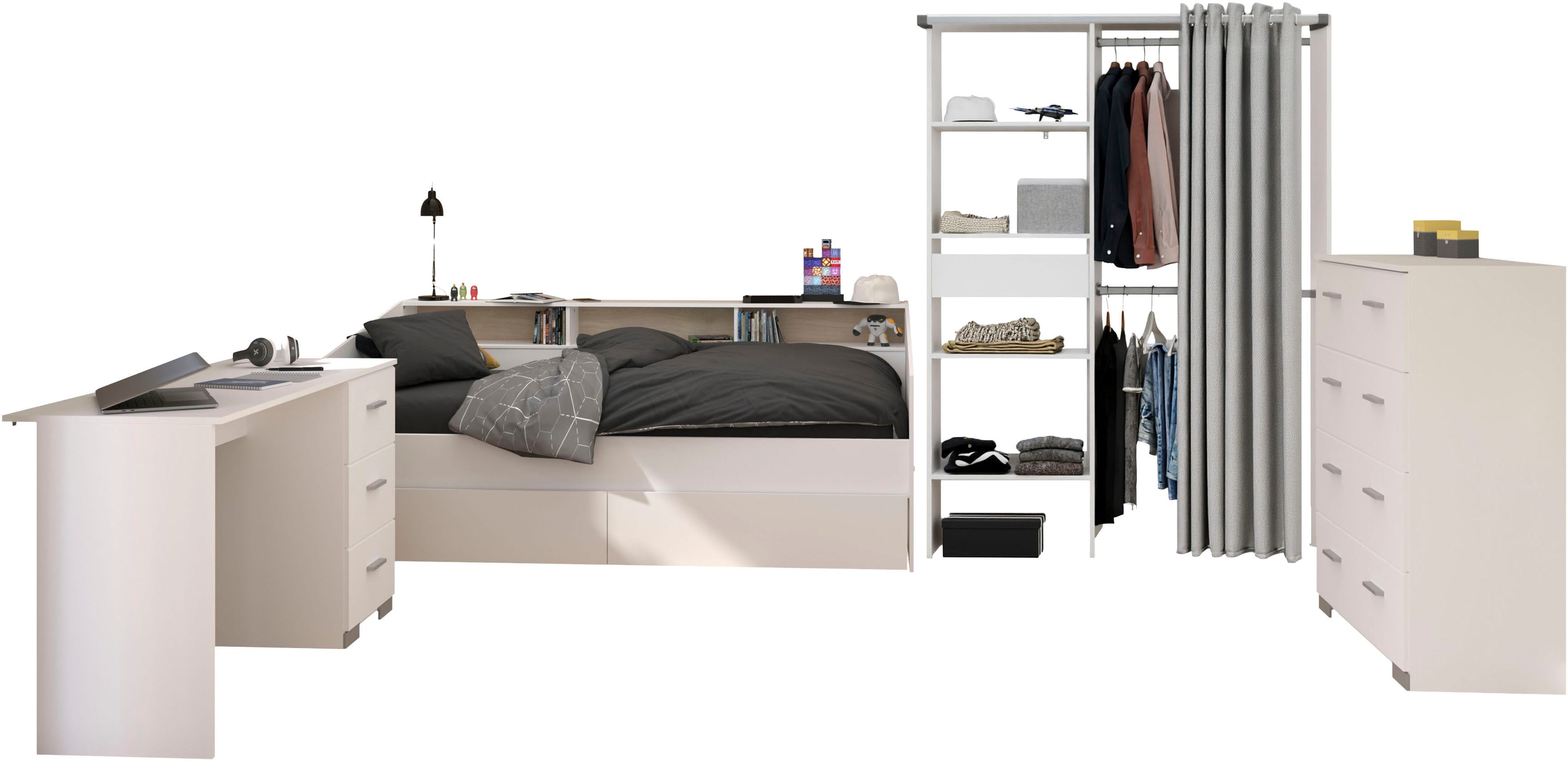 Parisot Jugendzimmer-Set Parisot Sleep 13, (Set, 5-tlg), Rückwand am Stauraumett drehbar - Weiß oder Eiche