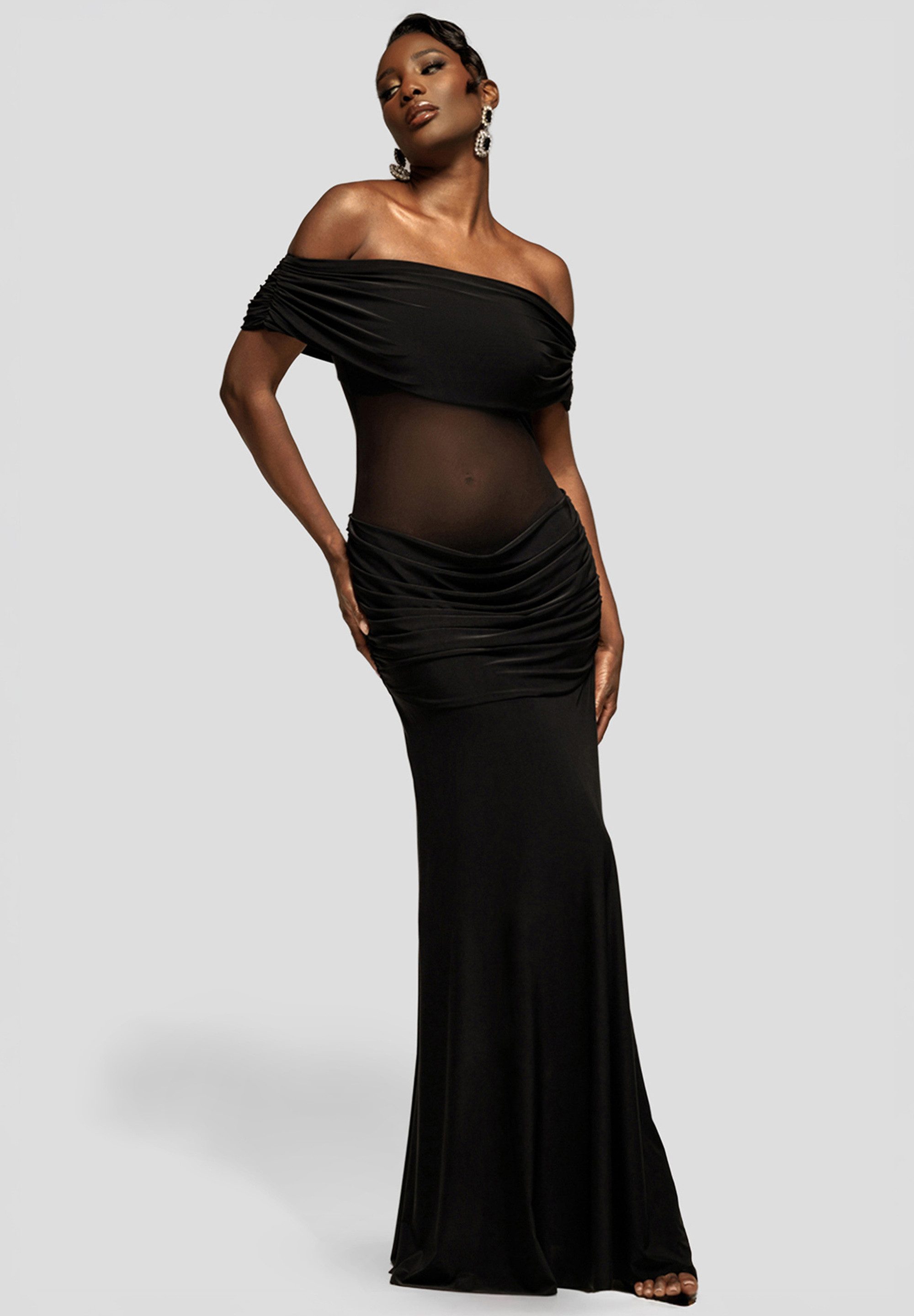 Maxikleid Gathered Off The Shoulder Mesh Waist Panel Maxi Dress