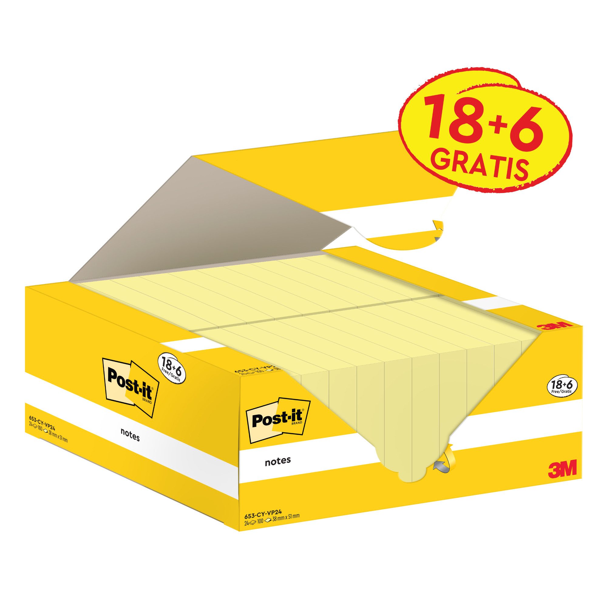 Post-it Notes Haftnotizblock Haftnotiz Notes 653-CY-VP24 38x51mm gelb 24x100 Blatt