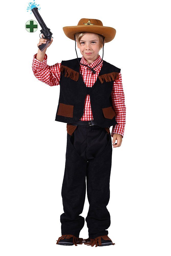 Karneval-Klamotten Cowboy-Kostüm Wilder Westen 4tlg mit Cowboy Pistole für Jungen, Kinderkostüm mit Chaps, Hemd, Weste und Wasser-Pistole
