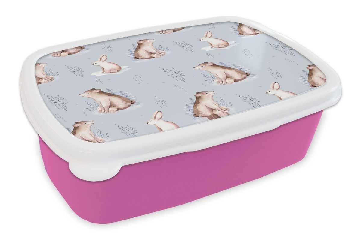 MuchoWow Lunchbox Winter - Muster - Hase - Bär, Kunststoff, (2-tlg), Brotbox für Erwachsene, Brotdose Kinder, Snackbox, Mädchen, Kunststoff rosa