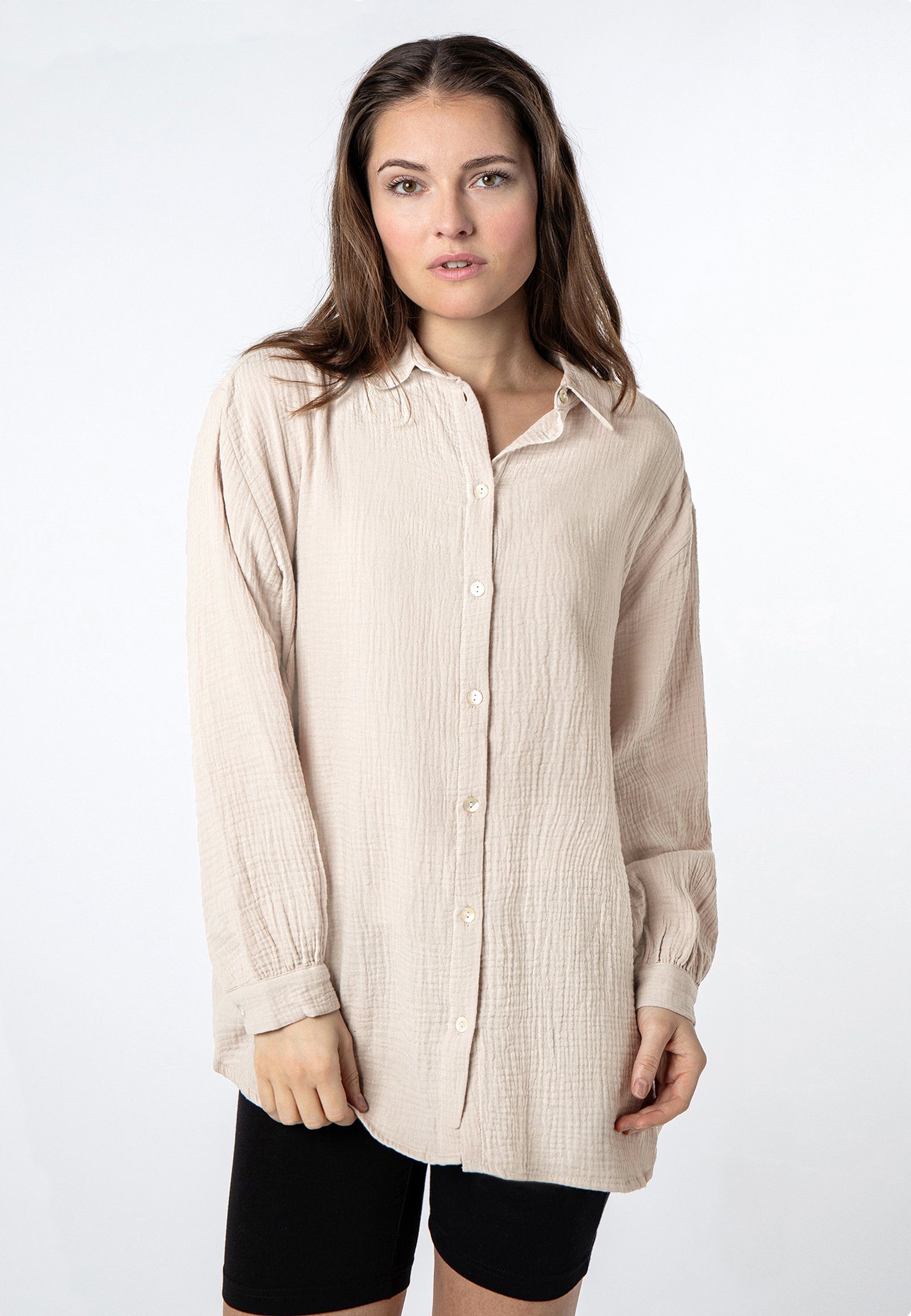 Langarmbluse Damen Musselinbluse langarm mit Kentkragen Oversiz