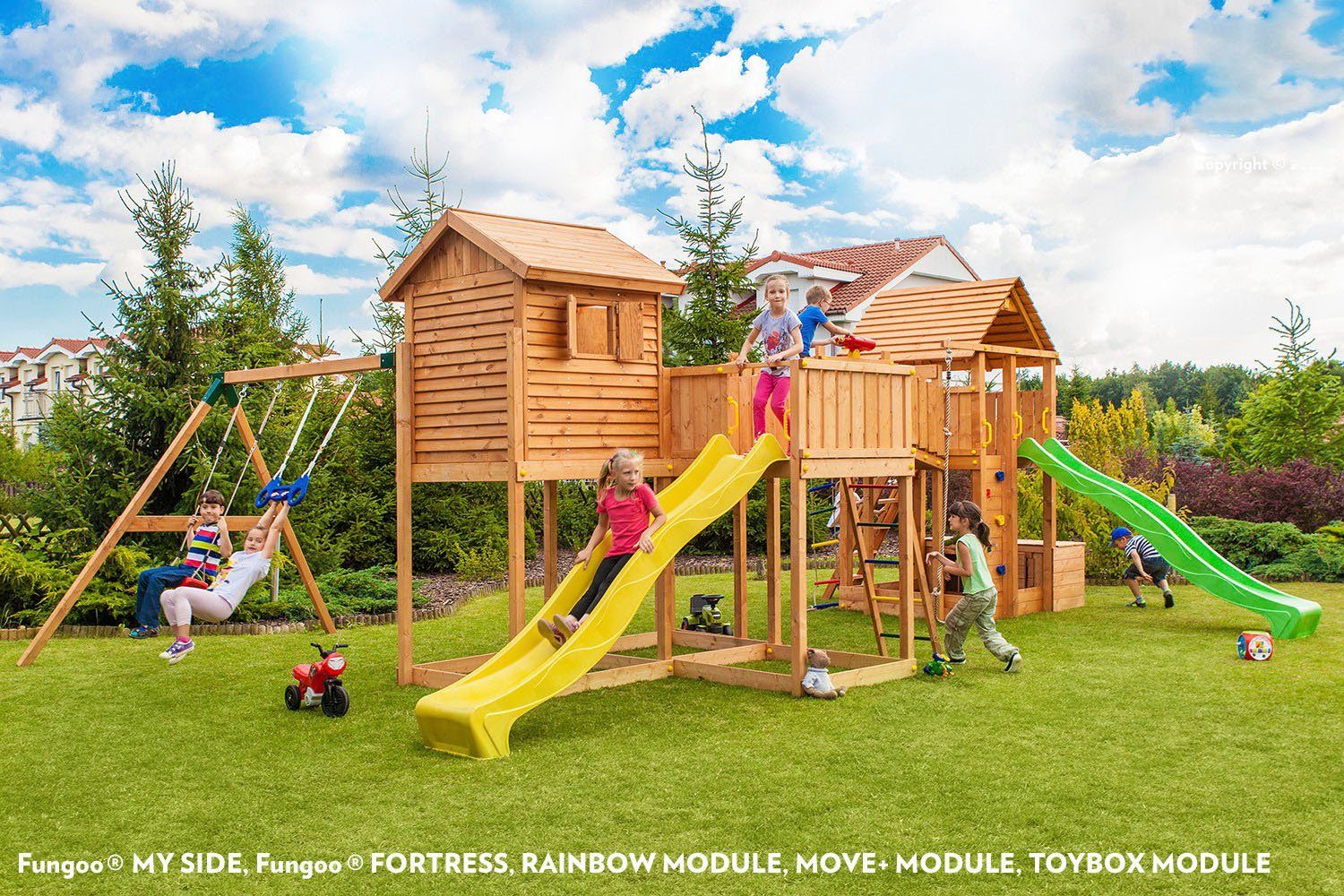 FUNGOO Spielturm MAXI SET PLAY BOX, mit Schaukel & Rutsche, Klettererweiterung, Spielhaus, Sandkasten