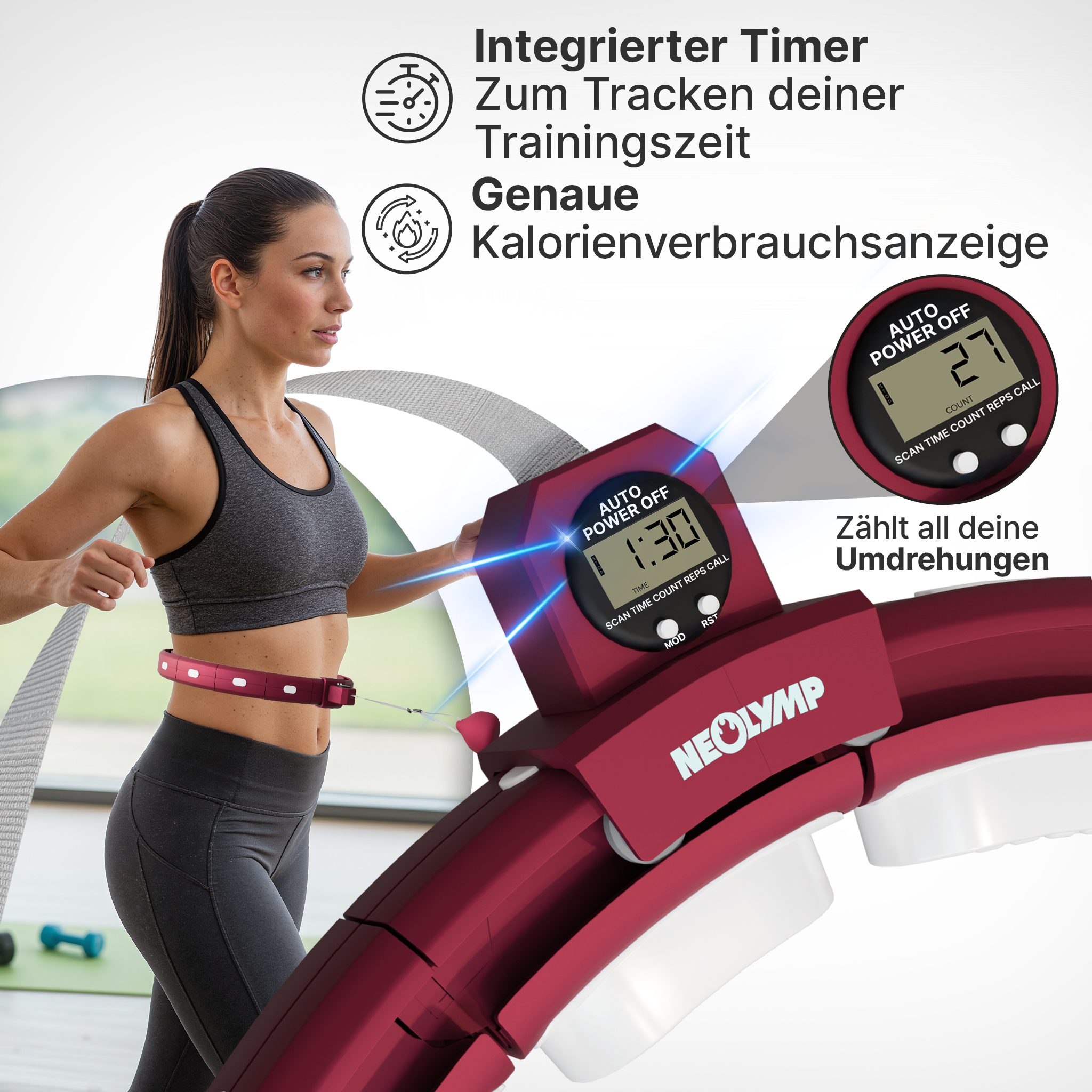 NEOLYMP Hula-Hoop-Reifen Hula Hoop Reifen Erwachsene – Fitness Ring leise verstellbar 29–40 cm (Smarter Hula Hoop Reifen verstellbar 29–40 cm Klick-System, Home Gym), Gymnastikreifen mit Tracking für Zeit, Umdrehungen und Kalorien