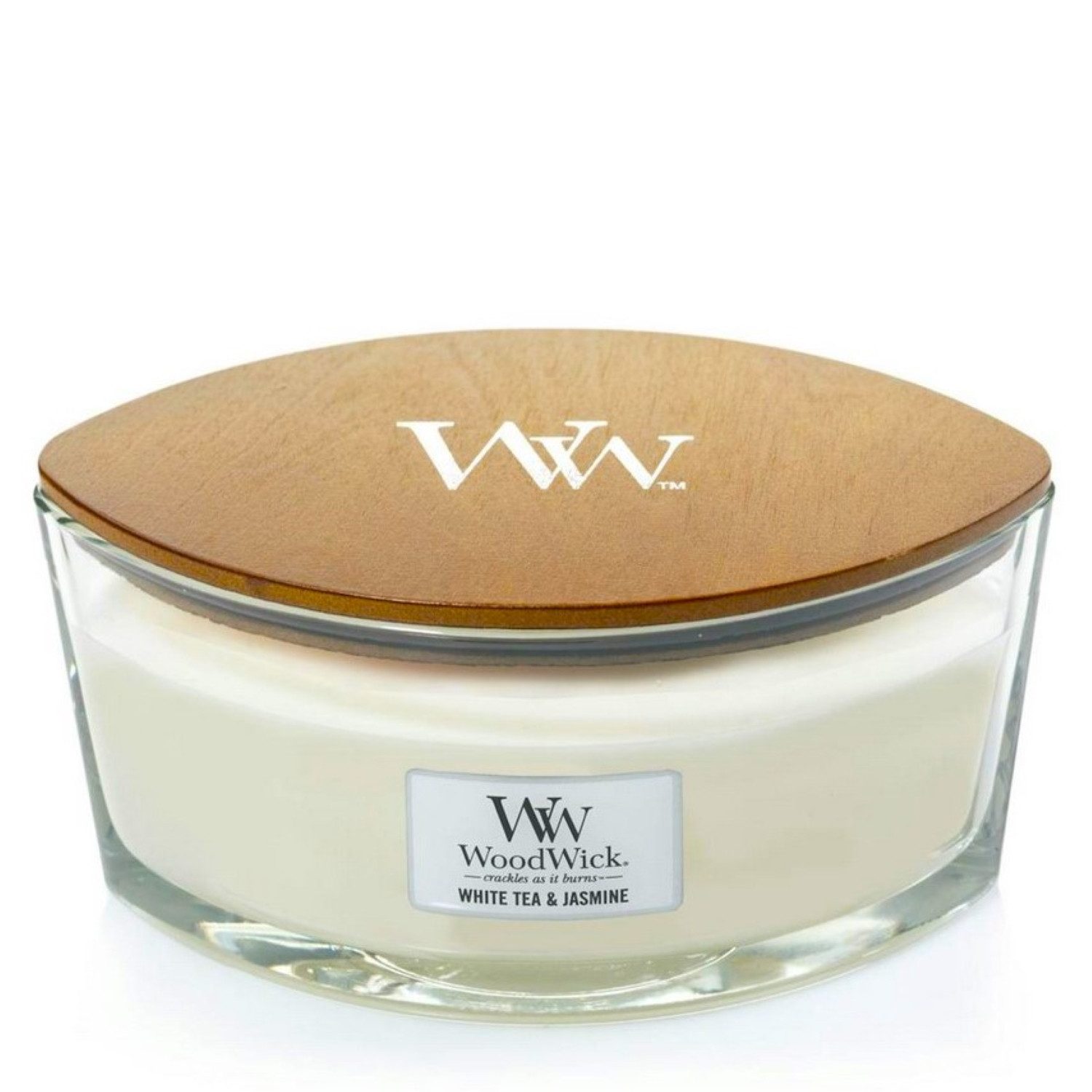 Woodwick Duftkerze White Tea & Jasmin im Ellipse Glas mit Holzdeckel, 453g, Noten von reinem, weißen Tee, Jasmin, roter Zeder und Rose