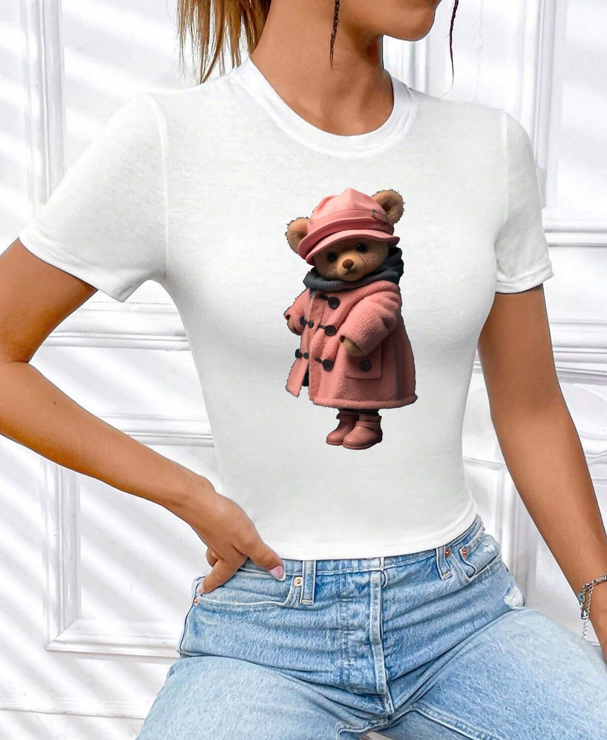 RMK Kurzarmshirt Damen T-Shirt kurzarm Top Sommer Rundhals süßer Teddybär B günstig online kaufen