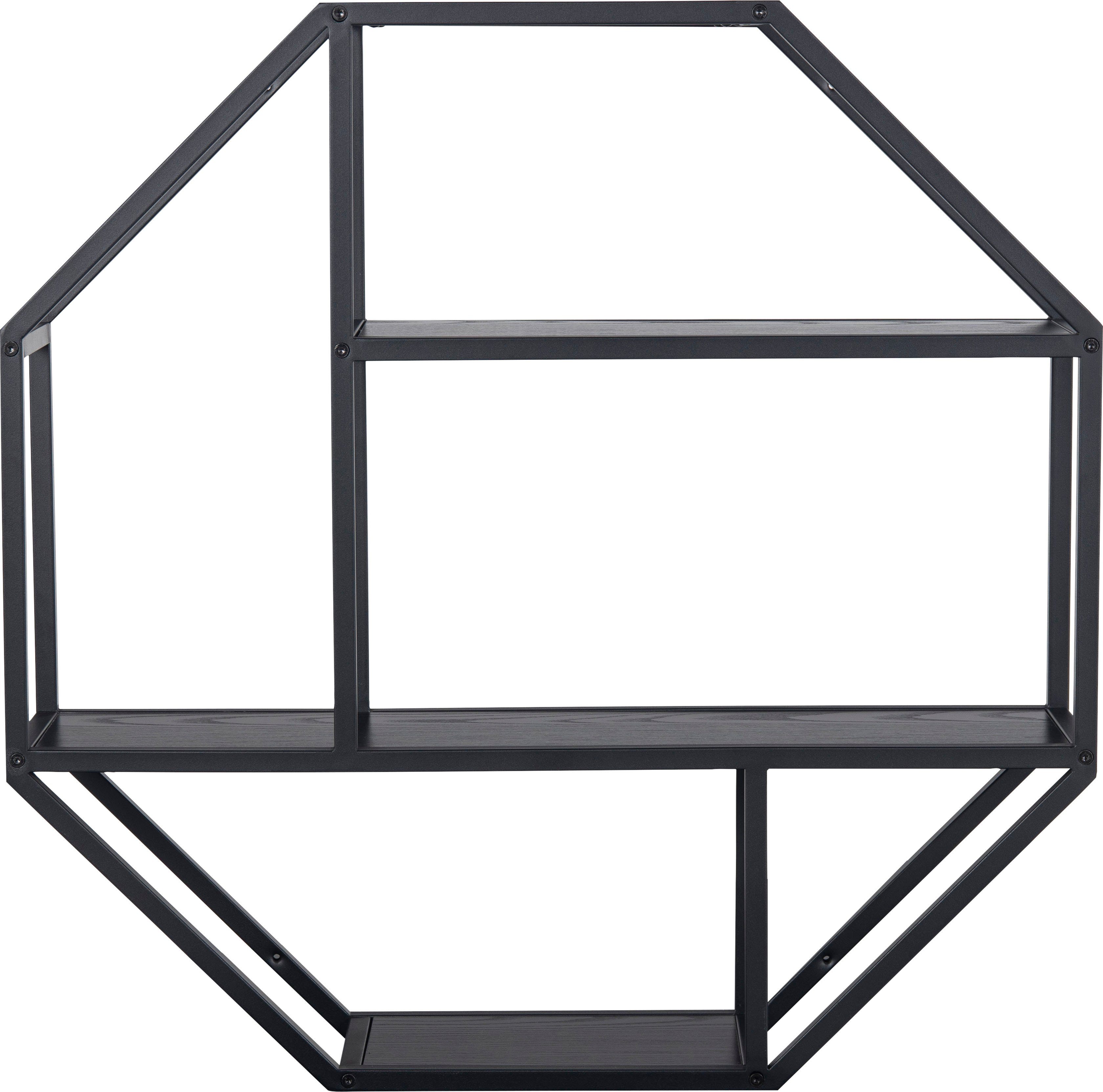 ACTONA GROUP Wandregal, Metallgestell, 2 schwarz asymmetrischen und schwarz Einlegeböden, matt Esche / Achteckform Details