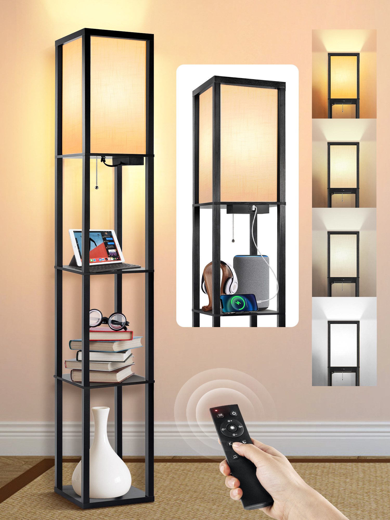OUTON LED Stehlampe Regal mit Fernbedienung, 2 USB-Anschlüsse und 1H Timer, LED wechselbar, mit eleganter Holzoberfläche und Leinenschirm
