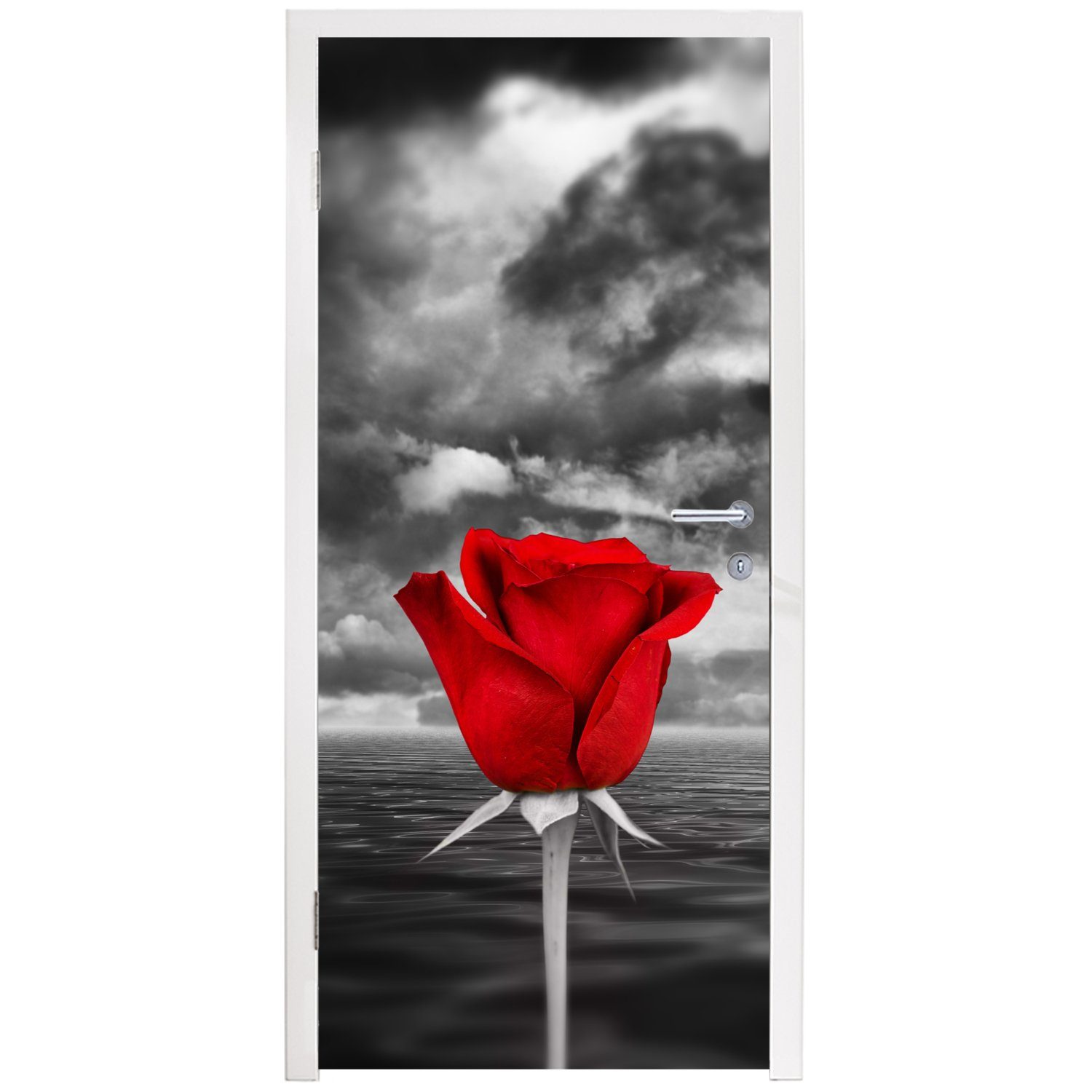 MuchoWow Türtapete Schwarz-Weiß-Fotografie Meer und einer einem bedruckt, Fototapete roten St), für Matt, (1 Rose einem, cm Türaufkleber, 75x205 vor Tür