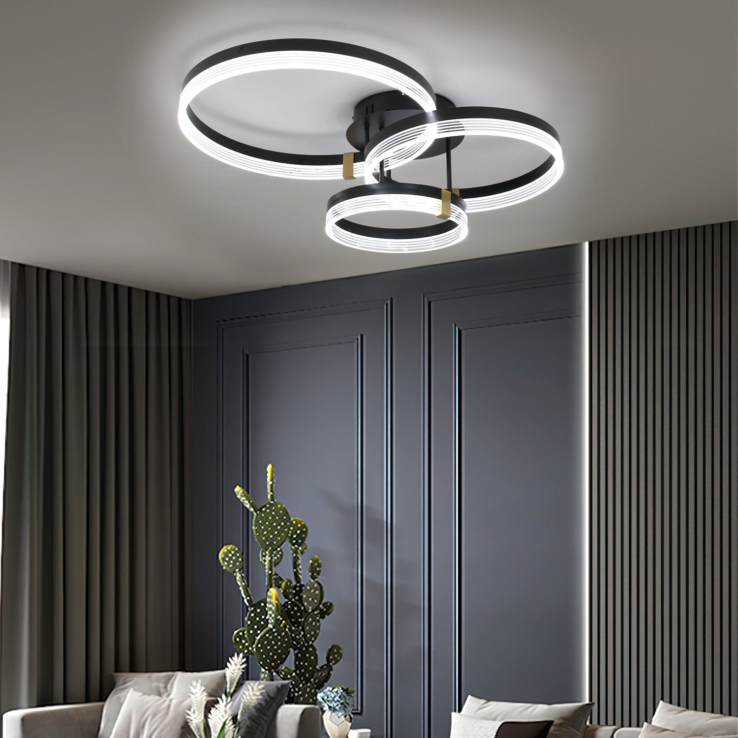 oyajia Deckenleuchte Modern Ringoptik LED Deckenlampe 42W, Schwarz Wohnzimmerlampe Dimmbare, LED fest integriert, Warmweiß, Neutralweiße, Kaltweiß, Ø30+40+50 cm, Design Deckenbeleuchtung für Schlafzimmer Büro Küche