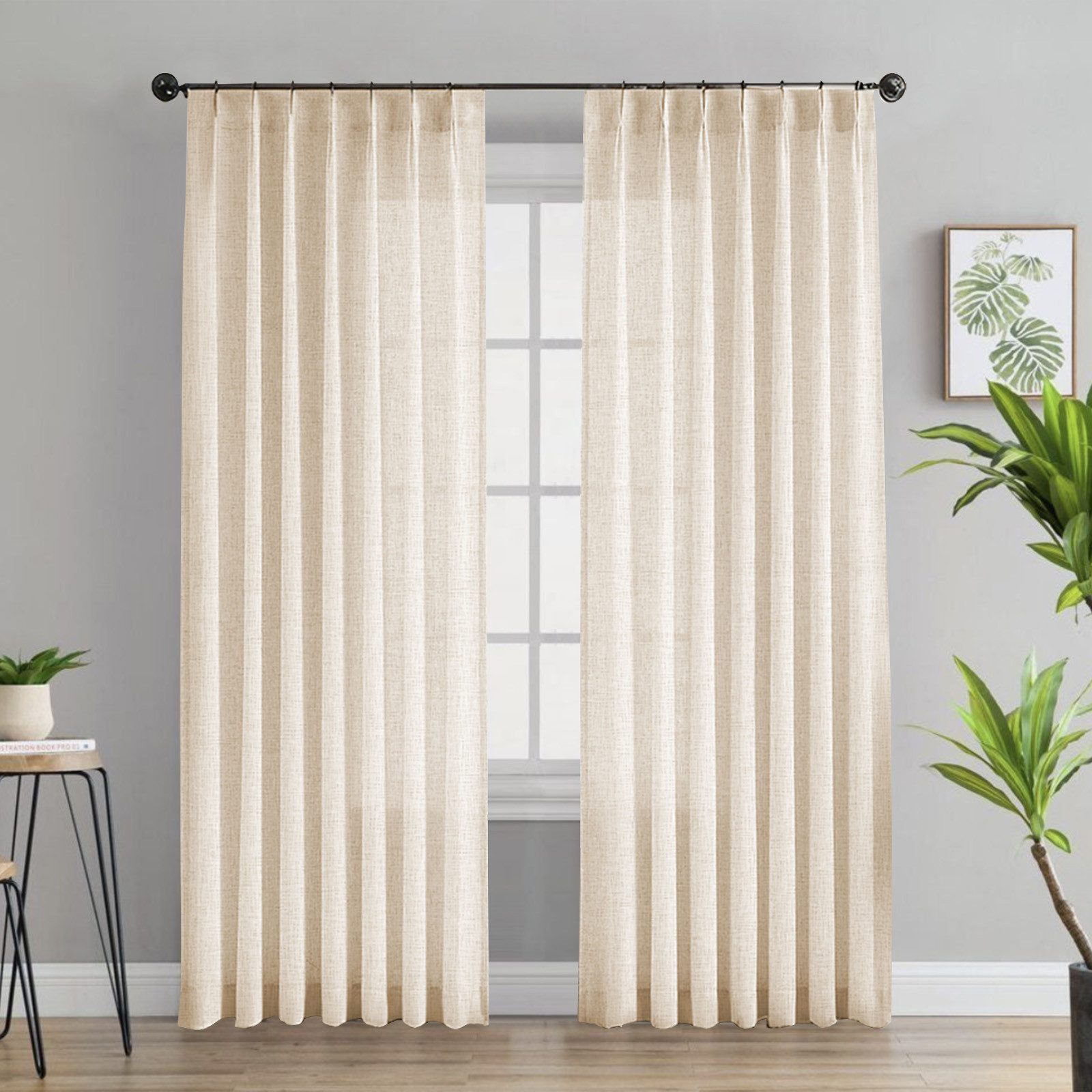 2er-Set Gardinen Mit Kräuselband In Leinenoptik – Halbtransparent Mit Jacquard-Muster (Beige, 140x145 Cm)