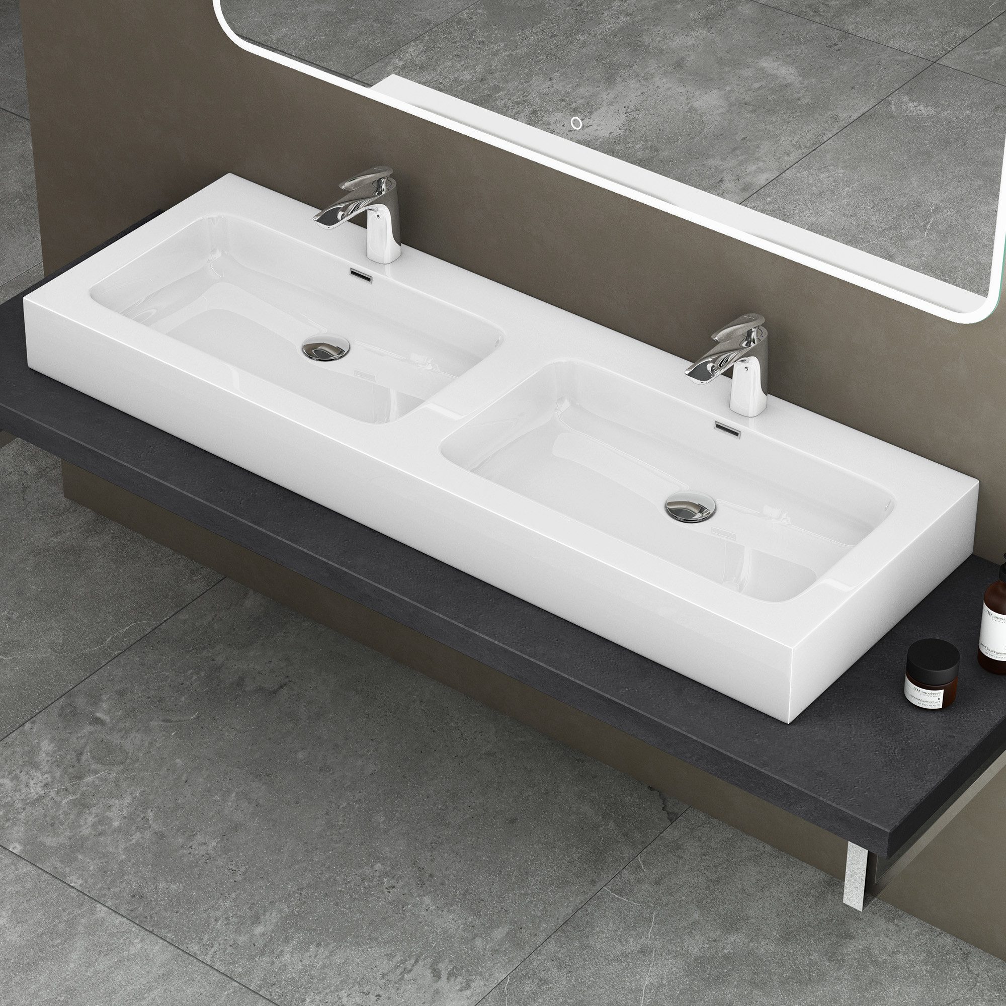 doporro Waschbecken Waschtisch Doppelwaschbecken Mineralguss BTH: 140x48x13 Colossum830