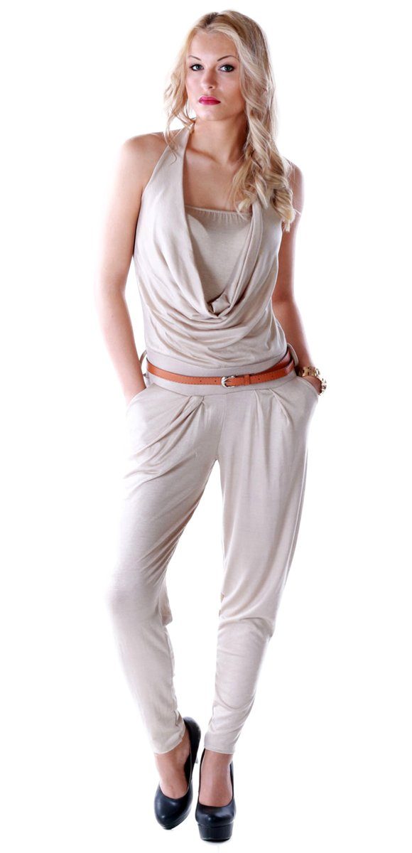 Moda mit Charis Overall Jumpsuit Hellbeige Ziergürtel Neckholder