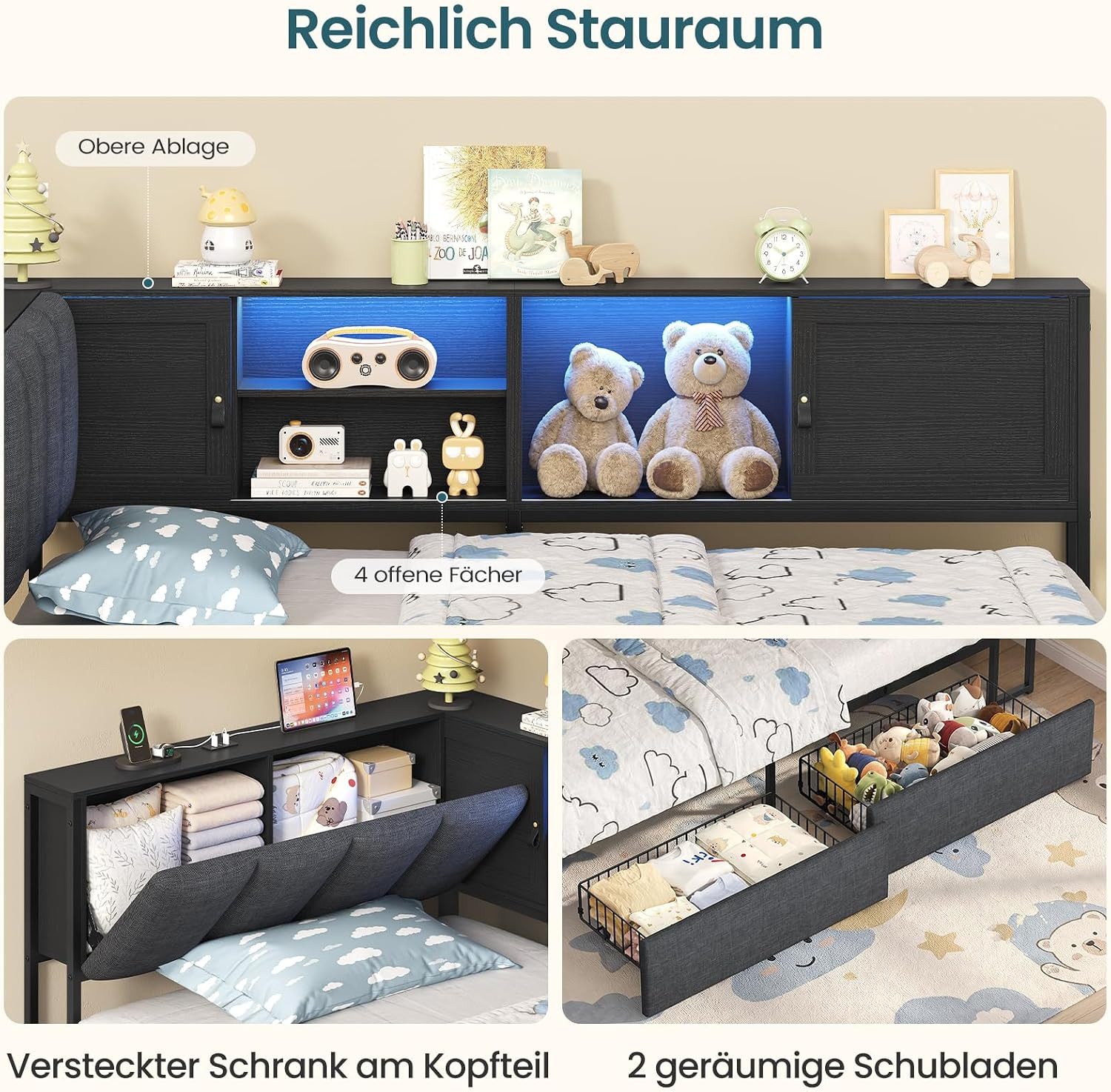 KIMENICH Polsterbett mit LED‑Beleuchtung, integrierter Ladestation und Stauraum‑Kopfteil (Ohne Matratze), Schlafsofa, Jugendbett, Tagesbett, 2 Schubladen, 90 x  – Bild 5 von 5