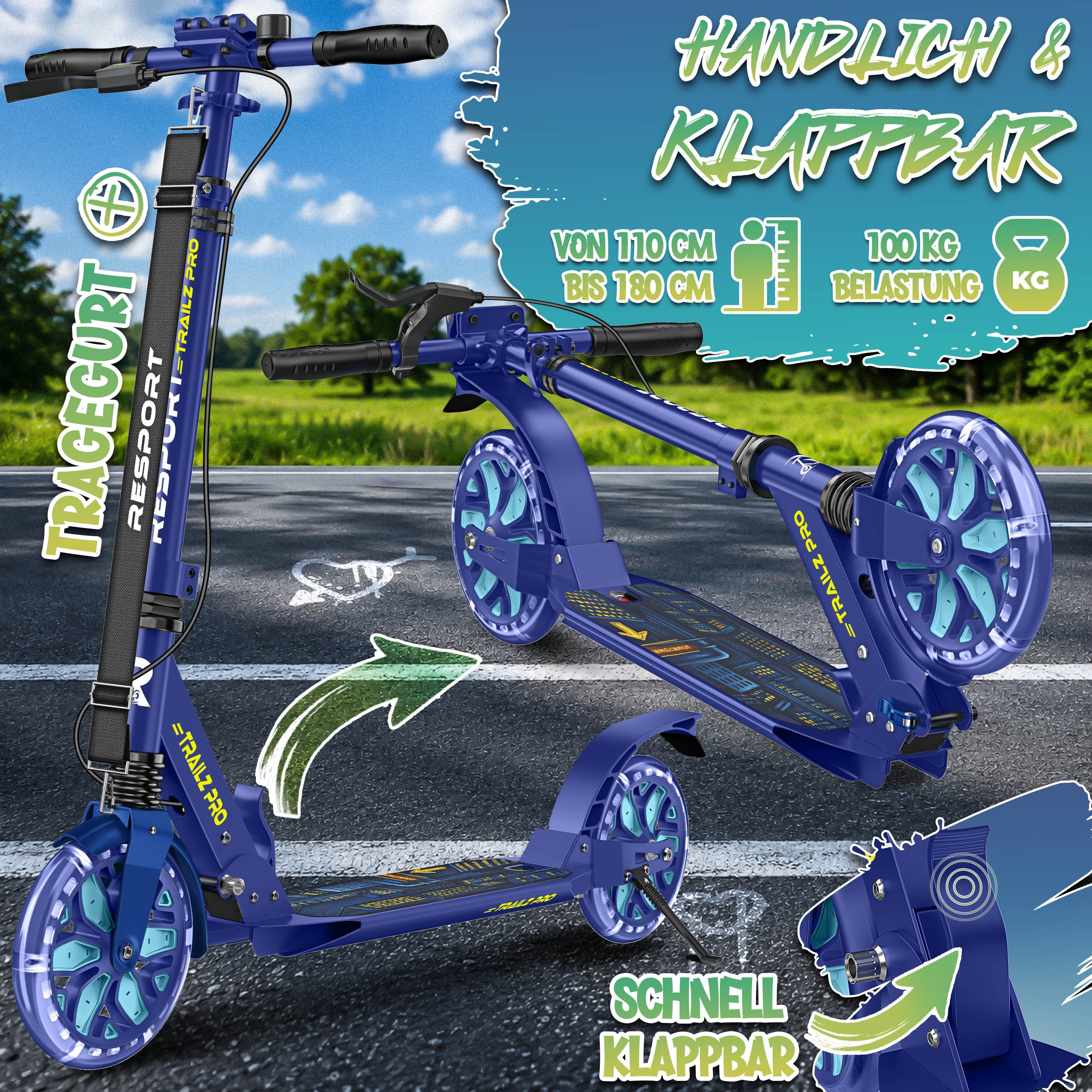 RE:SPORT Cityroller RE:SPORT® Trailz Pro Cityroller Scooter inkl. Tragegurt und Klingel, (Scooter höhenverstellbar & klappbar, Kickscooter Tretroller inkl. Hand – Bild 2 von 5