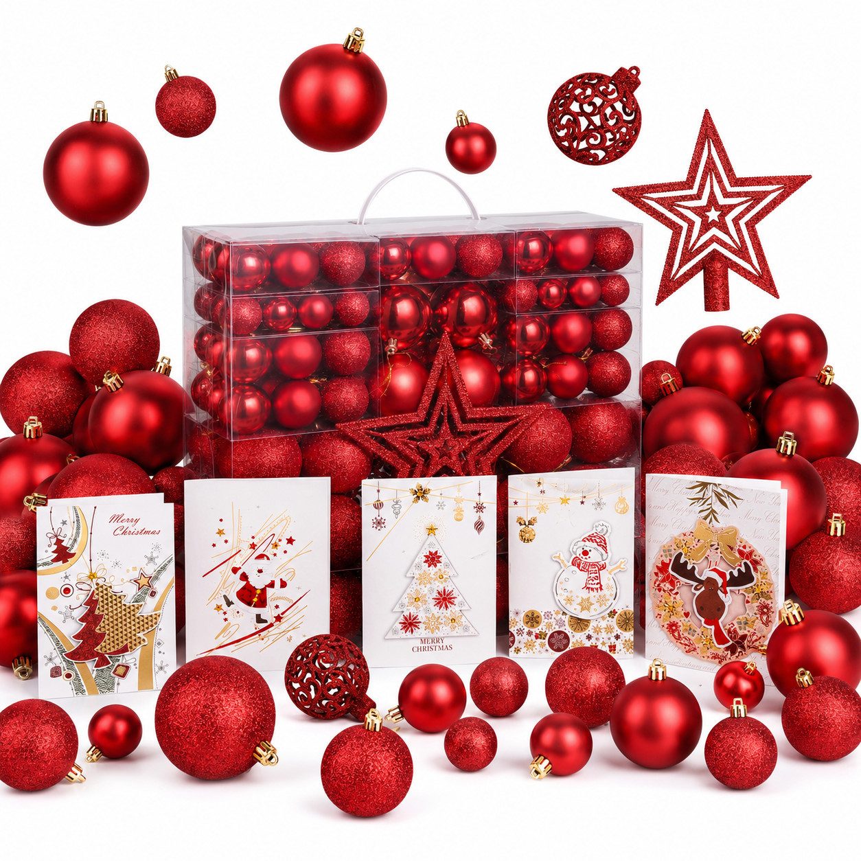 Onbest Weihnachtsbaumkugel Weihnachtskugeln 128-teiliges Set PLUS 5x Karten & 1x Baumspitze, in 3 Größen, 3 Designs, Weihnachtsschmuck Weihnachtsdeko