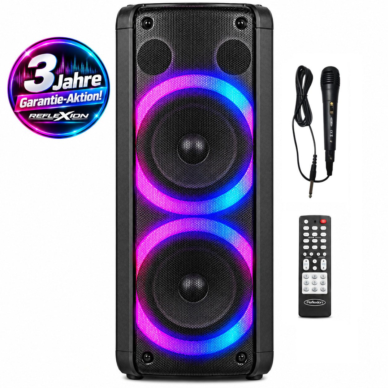 Reflexion PS09BT mit rotierenden Lichteffekten Party-Lautsprecher Stereo (Bluetooth, 500 W, Bluetooth, Radio, Karaoke, Disco-Licht Effekte, Micro-SD Slot)