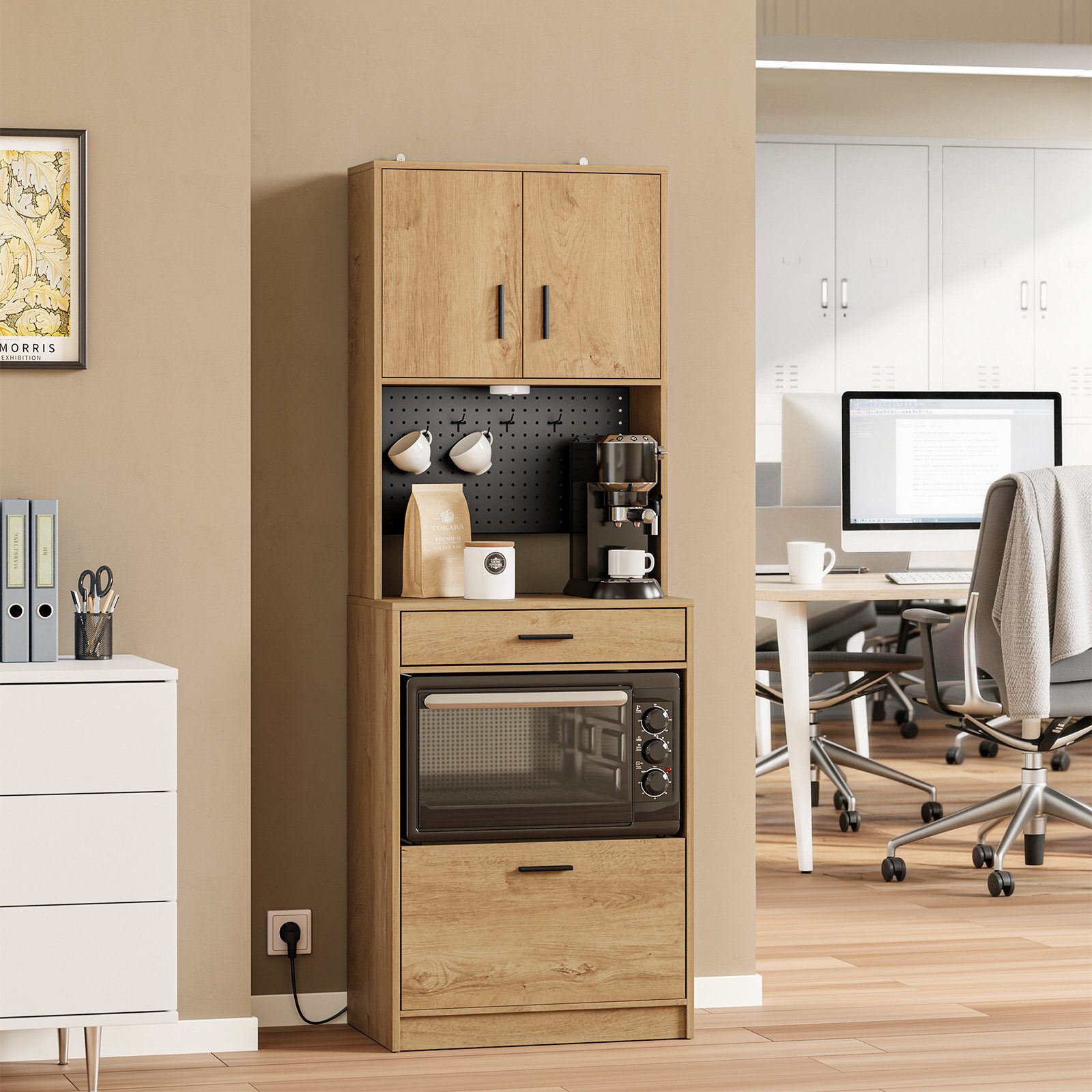 SoBuy Sideboard FSB98-E, Küchenschrank mit Steckdose, Buffetschrank mit Sensorleuchte, Mikrowellenschrank mit 2 USB-Anschlüssen für Küche und Kaffeebar