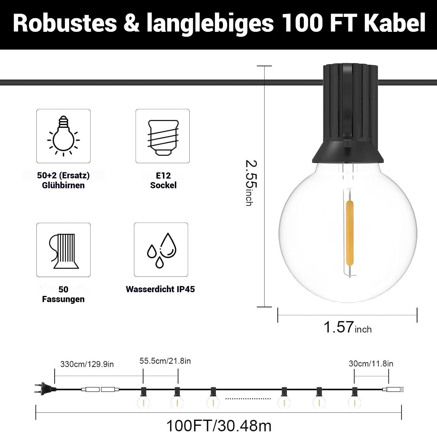 BlingBin LED-Lichterkette Lichterkette Außen 16/26/30/50 LED Glühbirne Bruchsicheren Glühbirnen, 50-flammig, 30M/100FT Lichterkette mit 50+2 G40 Birnen, IP45 Wasserdicht. Reduzierter Preis € 45,99. Unverbindliche Preisempfehlung € 119,99, (€ 45,99 pro 1 Stk)