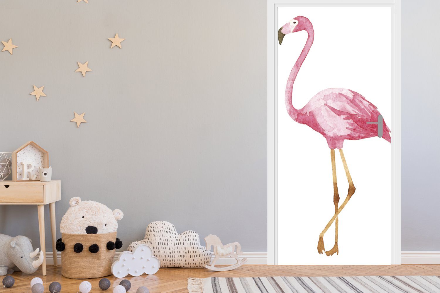 für - Fototapete Flamingo Aquarell Türaufkleber, bedruckt, MuchoWow St), - 75x205 Tür, (1 cm Rosa, Türtapete Matt,