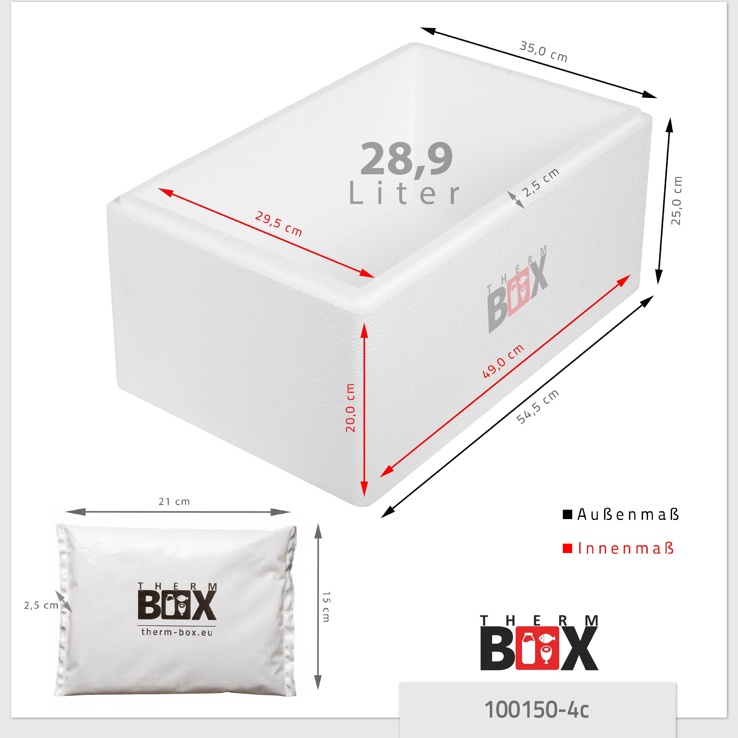 Kühlakku Styroporbox Thermobehälter 4 Transportbox Kühlkissen, mit 28,9L Thermbox Styropor-Verdichtet, THERM-BOX Thermbehälter 49x29x20cm 28W Innen: (0-tlg., mit Kühlbox Kühlkissen),