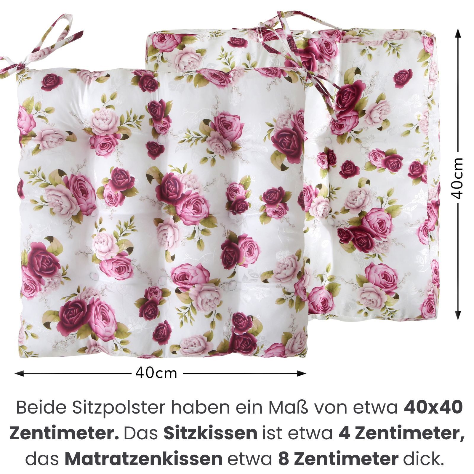 wometo Stuhlkissen Stuhlkissen Rosi 40x40 mit Binde-Bändern, Haltebändern, OEKO-TEX® Sitzkissen mit Rosen-Motiv im Landhaus-Stil