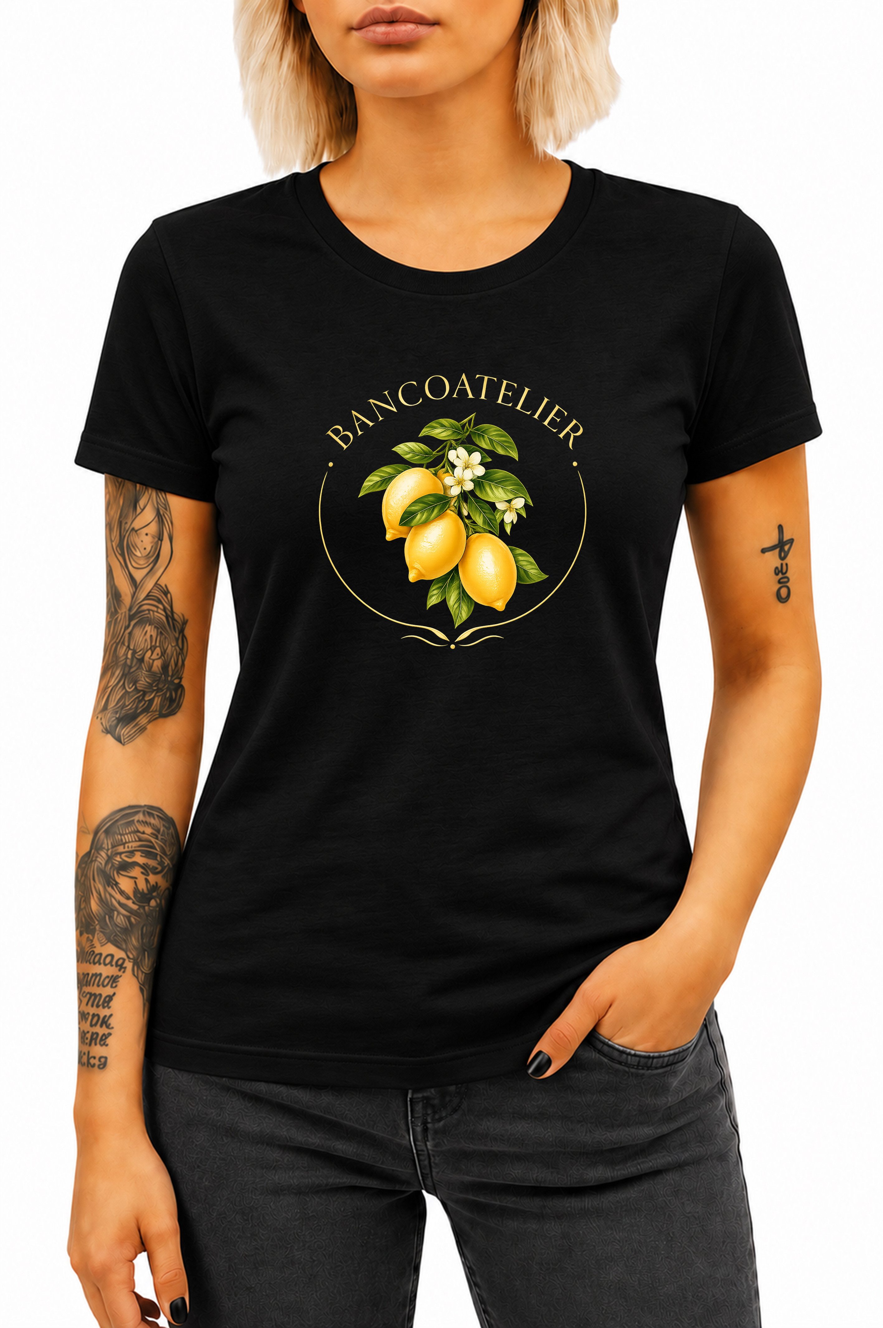 Banco T-Shirt Damen Shirt Classic Top Sommer Basic Rundhals "Bancoatelier Zitrone" aus 100% Baumwolle